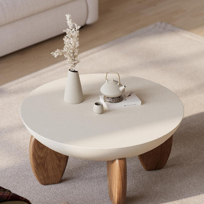 round Concrete Coffee Table with Premium Walnut Ash Wood Legs, Modern Minimalist Cement Finish Center Table for Living Room