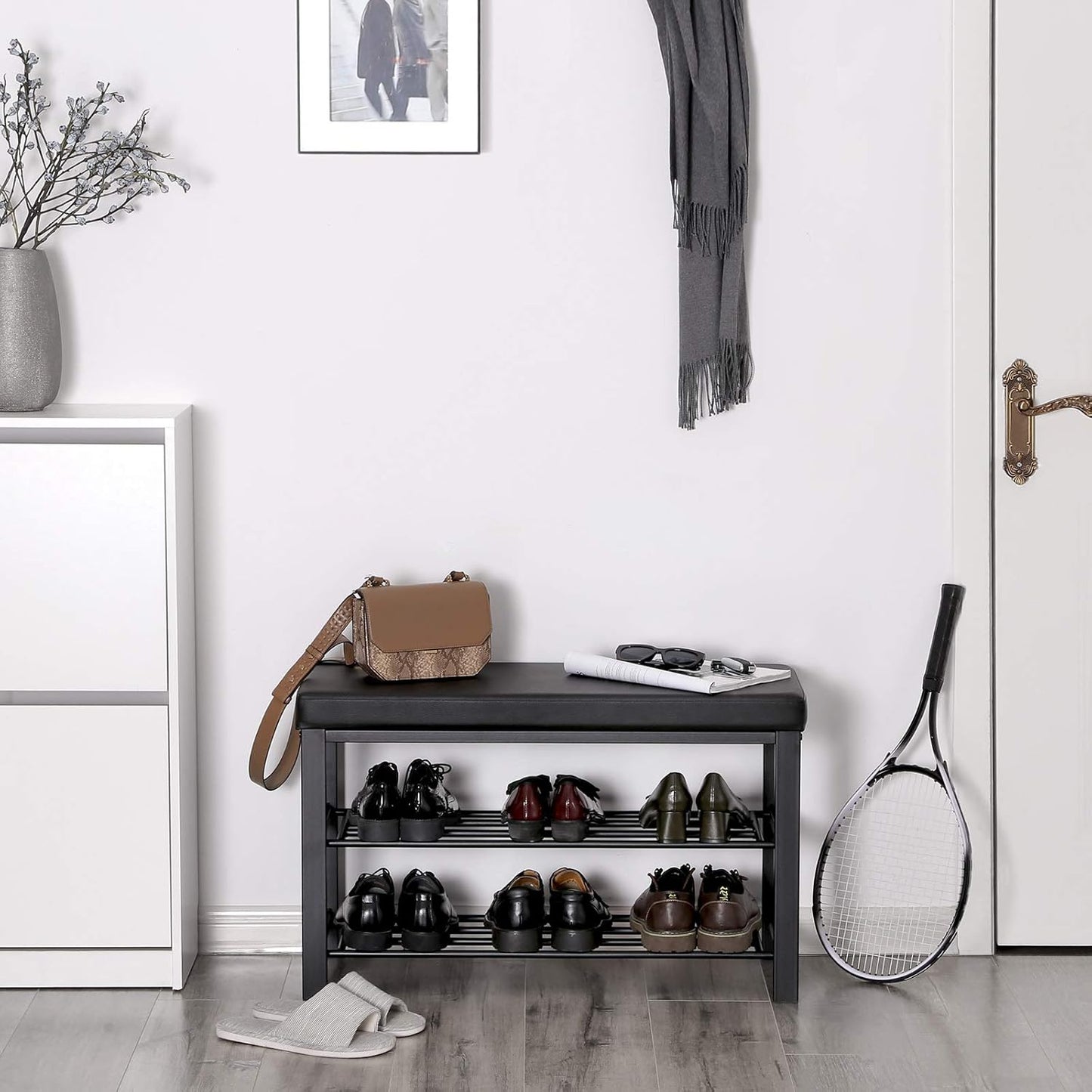 SONGMICS Shoe Bench, 3-Tier Shoe Rack for Entryway, Storage Organizer with Foam Padded Seat, Faux Leather, Metal Frame, for Living Room, Hallway, 12.2 X 31.9 X 19.3 Inches, Black ULBS58H
