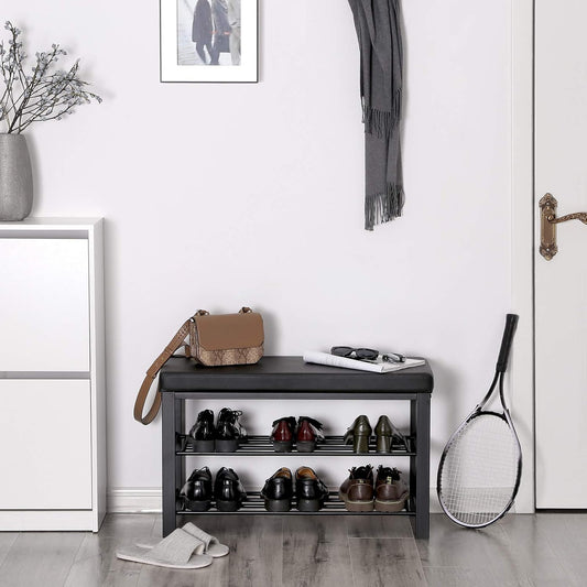 SONGMICS Shoe Bench, 3-Tier Shoe Rack for Entryway, Storage Organizer with Foam Padded Seat, Faux Leather, Metal Frame, for Living Room, Hallway, 12.2 X 31.9 X 19.3 Inches, Black ULBS58H