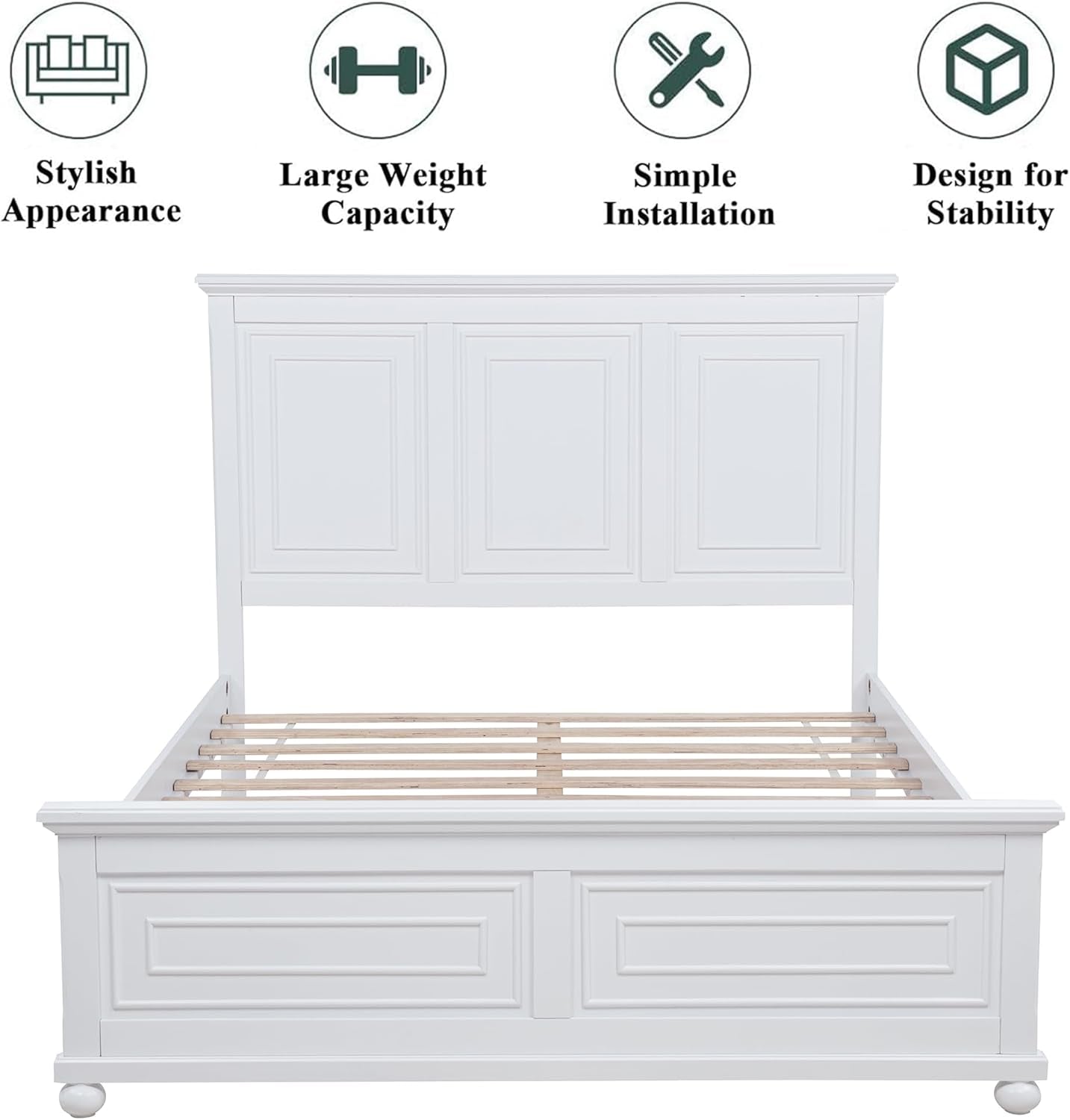 Farmhouse Queen Bed Frame with Tall Headboard and Footboard, Pinewood Panel Bed Frame Queen with under Bed Storage, Noise-Free, No Box Spring Needed, Traditional Style, White