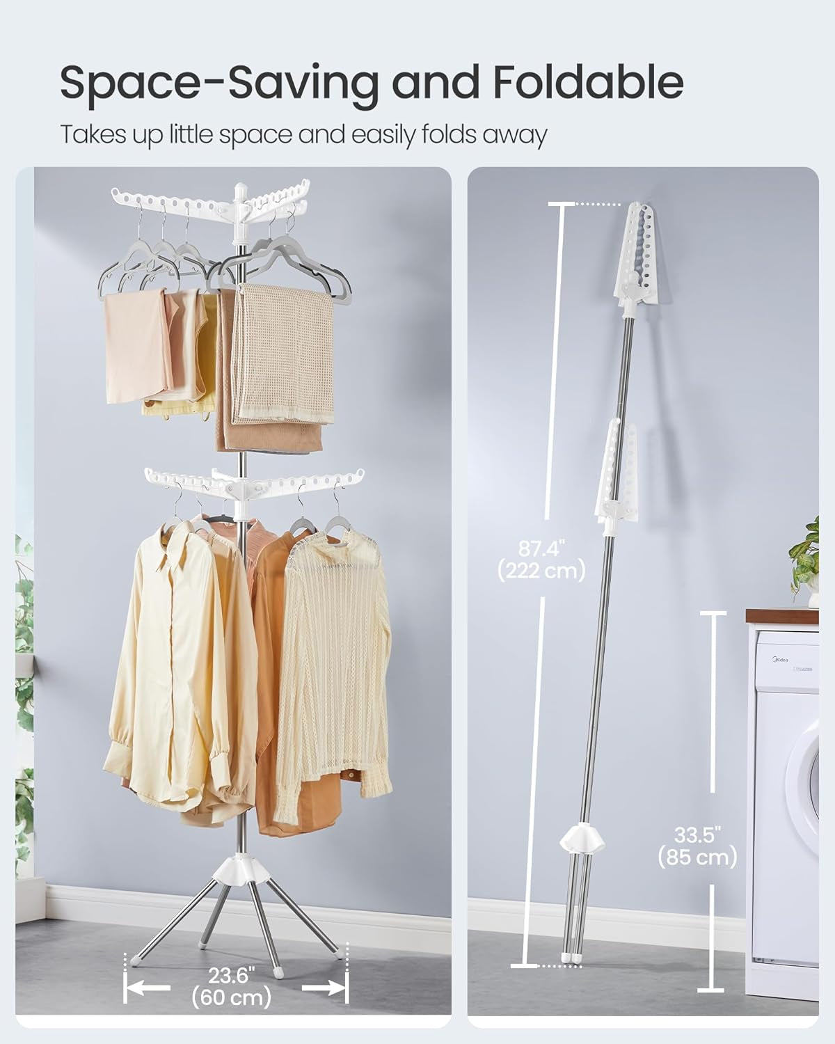 2-Tier Clothes Drying Rack, 75.2-Inch Folding Laundry Drying Rack with 6 Rotatable Arms for Hangers, Stainless Steel, for 54 Pieces of Clothes, White and Silver ULLR514W01