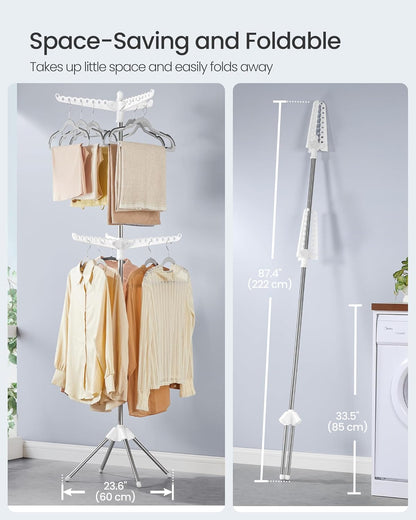 2-Tier Clothes Drying Rack, 75.2-Inch Folding Laundry Drying Rack with 6 Rotatable Arms for Hangers, Stainless Steel, for 54 Pieces of Clothes, White and Silver ULLR514W01