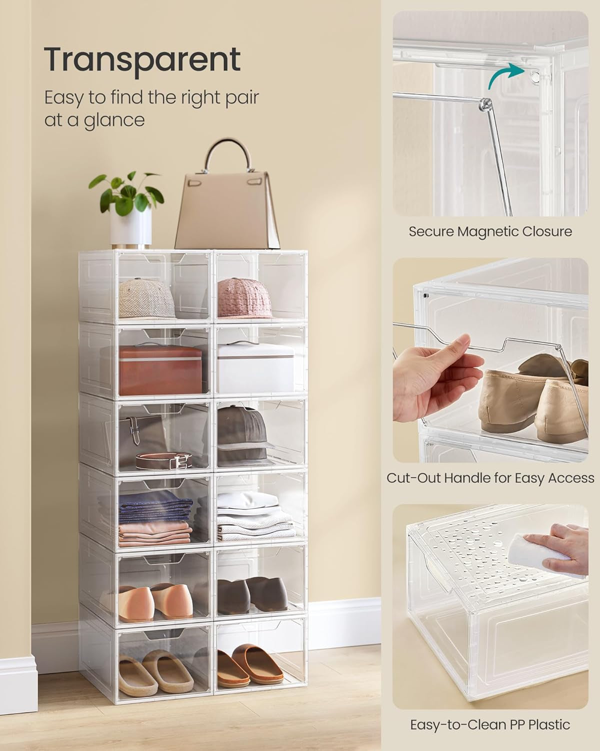 Shoe Boxes, Clear Shoe Organizers, Set of 12, Plastic Shoe Storage with Clear Door, Easy Assembly, up to US Size 13, Transparent White ULSP032W12