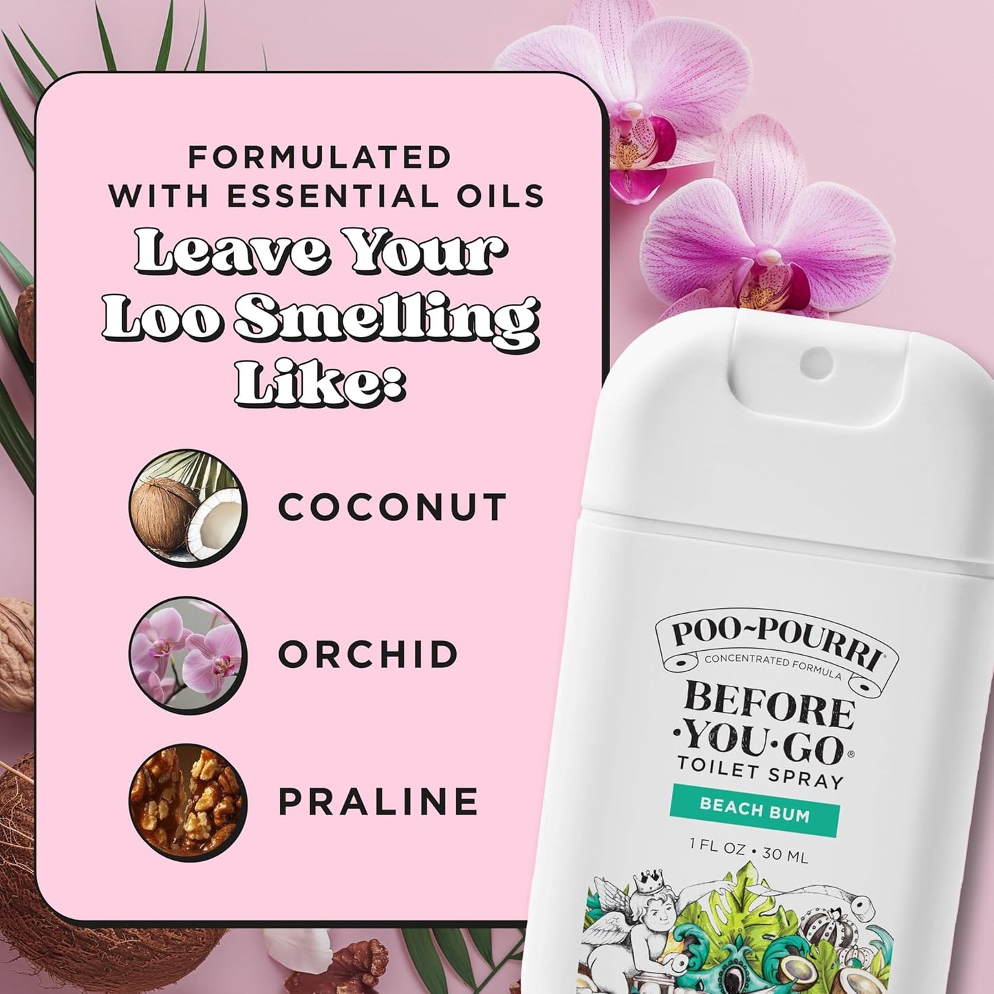 Before-You-Go Pocket Toilet Spray, Travel Essentials, Beach Bum, 1 Fl Oz, up to 50 Uses, On-The-Go Bathroom Odor Deodorizer with Essential Oils, TSA Approved Size, Coconut Orchid Scent