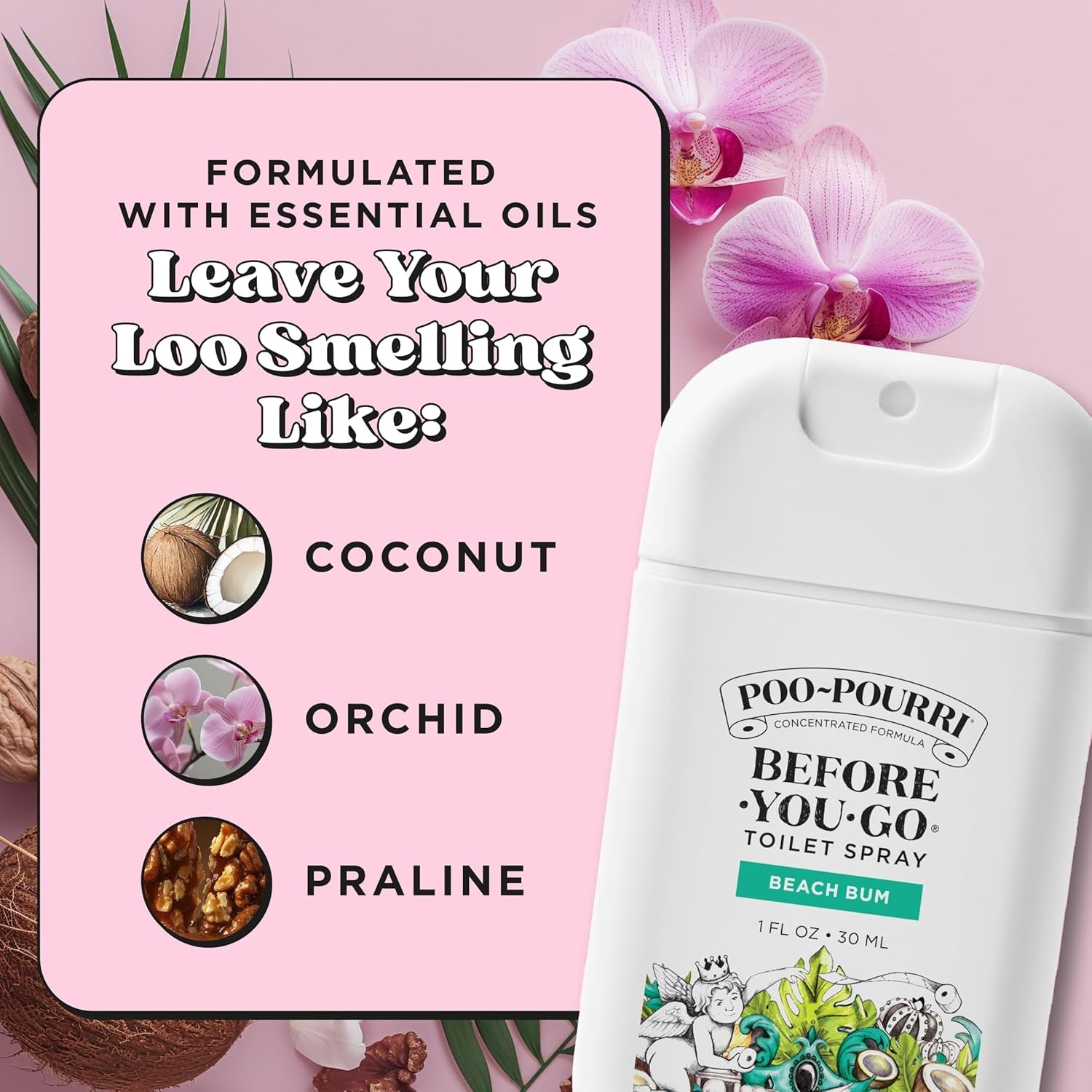 Before-You-Go Pocket Toilet Spray, Travel Essentials, Beach Bum, 1 Fl Oz, up to 50 Uses, On-The-Go Bathroom Odor Deodorizer with Essential Oils, TSA Approved Size, Coconut Orchid Scent