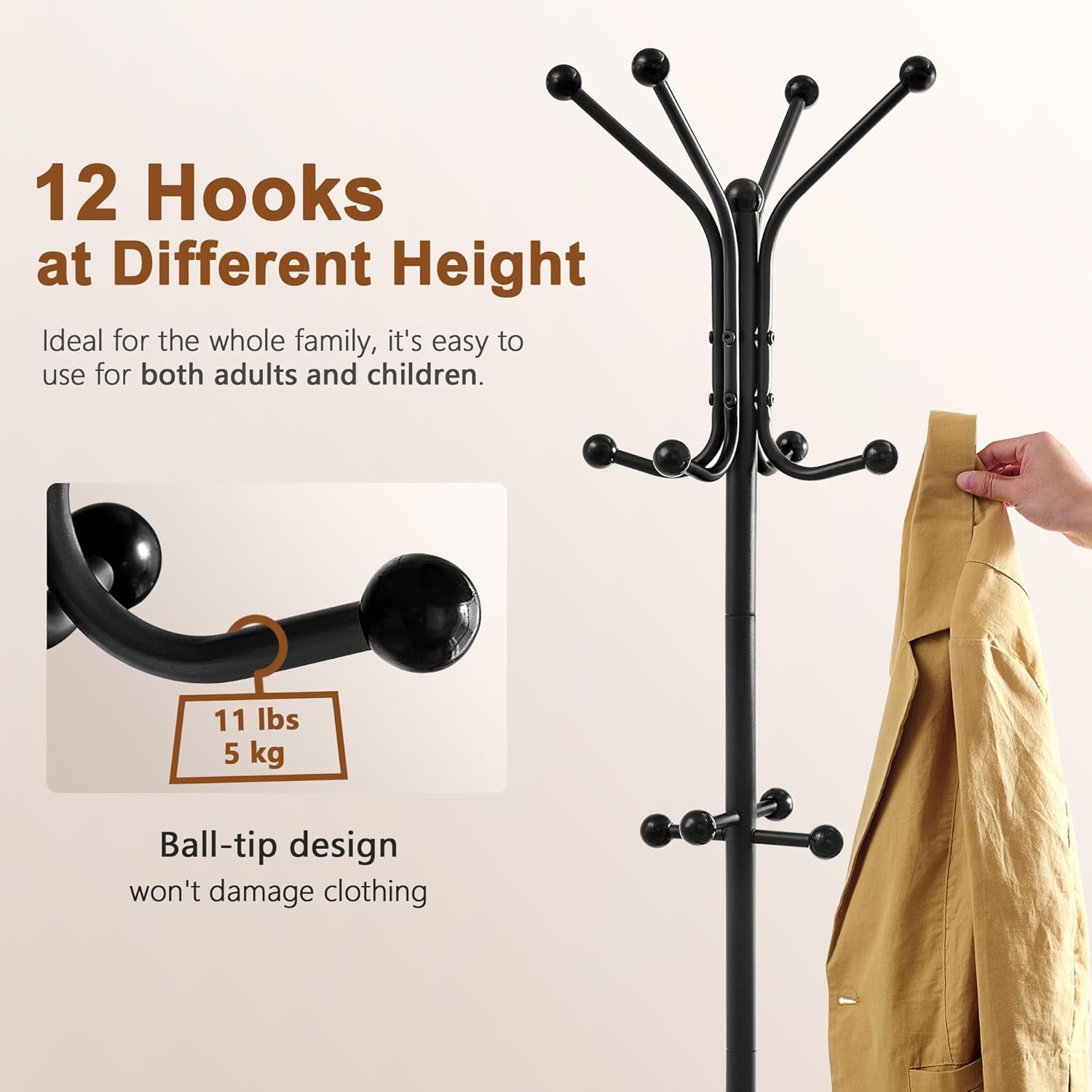 Coat Rack Freestanding, Coat Tree with Umbrella Holder, Metal Coat Rack Stand with 12 Hooks, Standing Coat Hanger Stand, Umbrella Stand for Entryway, Hat Rack Stand for Home Office, Black