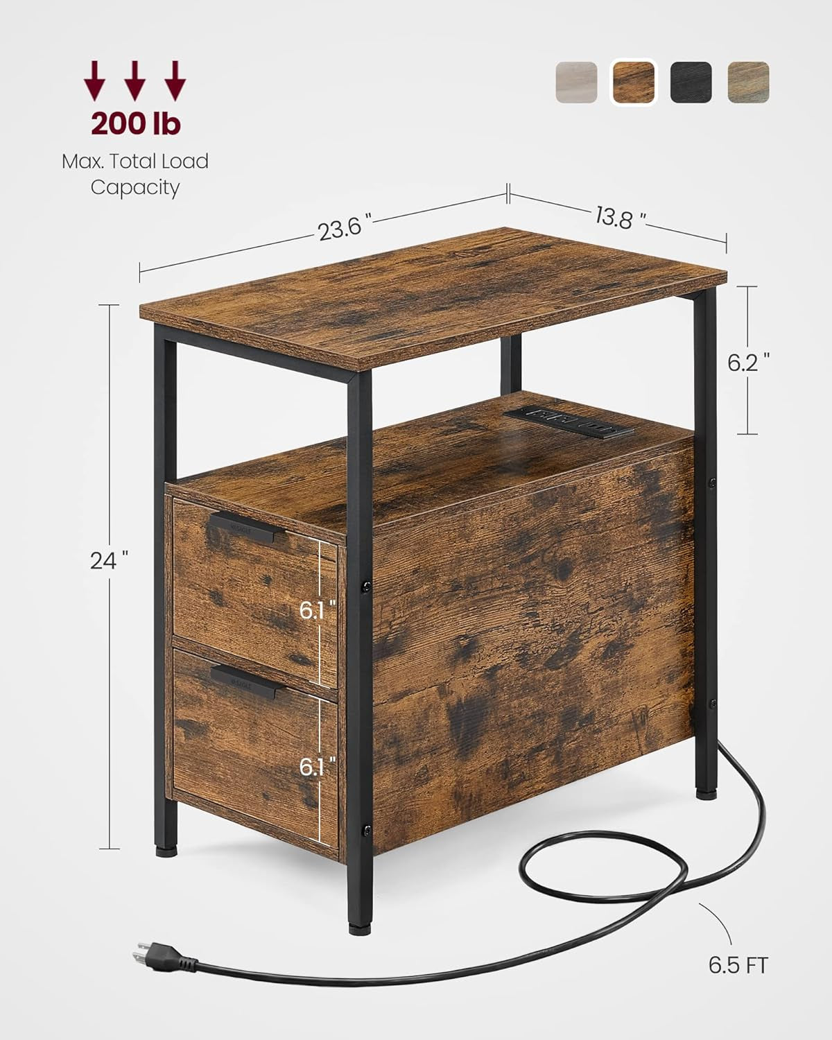 Side Table with Charging Station, Narrow End Table with 2 Drawers, Slim Nightstand and Bedside Table with Storage, for Small Spaces, Black ULET321B22