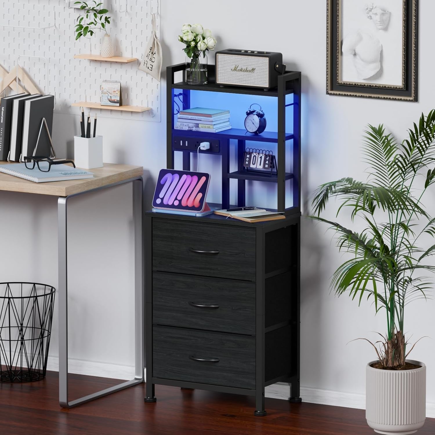 Tall Night Stand with 3 Fabric Drawers and LED Lights, Nightstand with Bookshelf, 45.3Inch Tall Bedside Tables with USB Ports in Bedroom, Dorm, Office,Metal Frame, Wood Shelves (Black Oak)