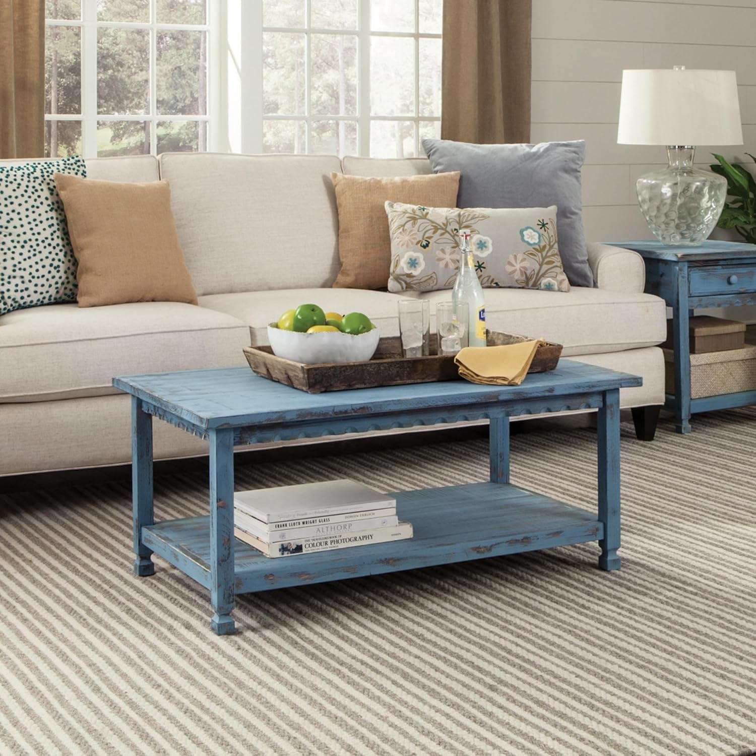 Rustic Rectangular Coffee Table, 42 In. W X 24 In. D X 18 In. H, Living Room Blue Antique, W/ (1) 36 In. W X 18 In. D X 10 In. H Shelf, Farmhouse/Cottage Style, Select Hardwood/Construction