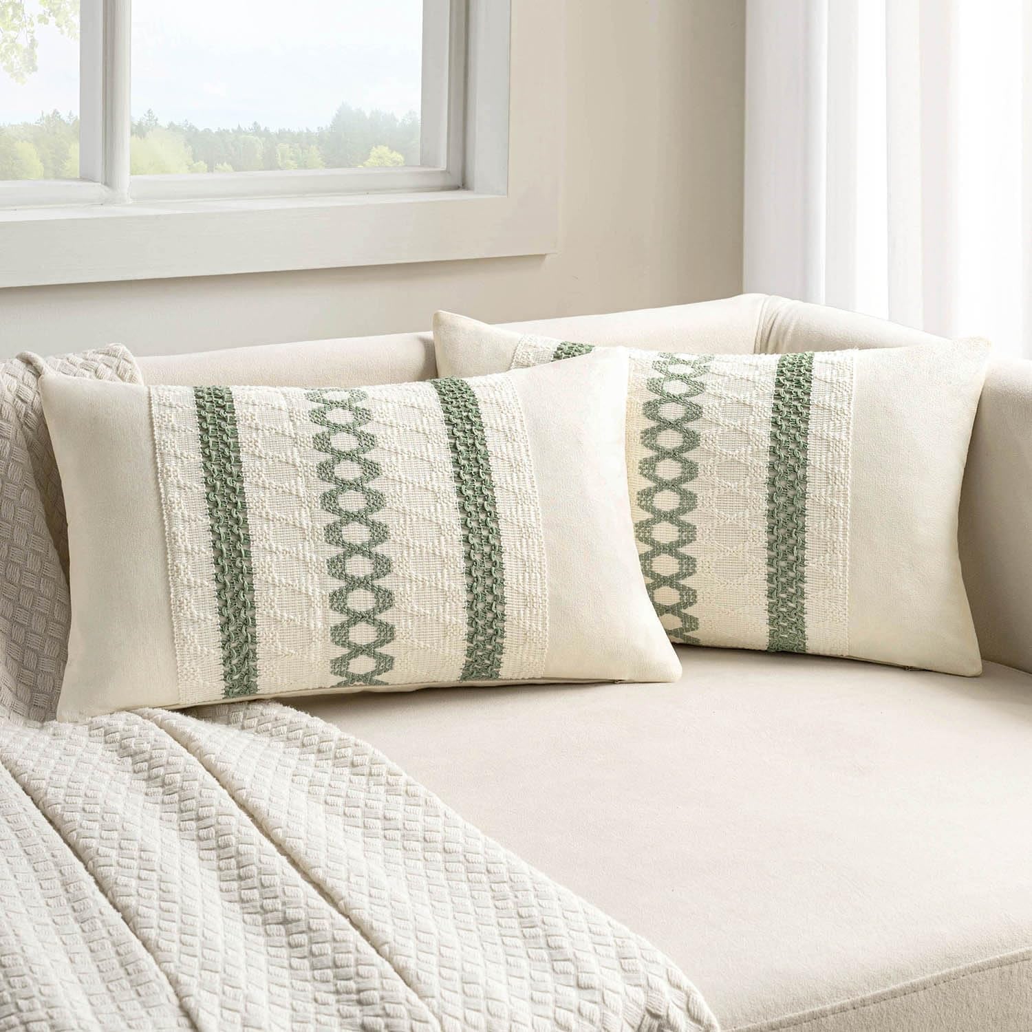 Set of 2 Sage Green Boho Decorative Lumbar Pillow Covers 12X20 Inch Farmhouse Rustic Couch Throw Pillows Modern Summer Cushion Covers Retro Cute Macrame Woven Home Decor for Bed Sofa Chair