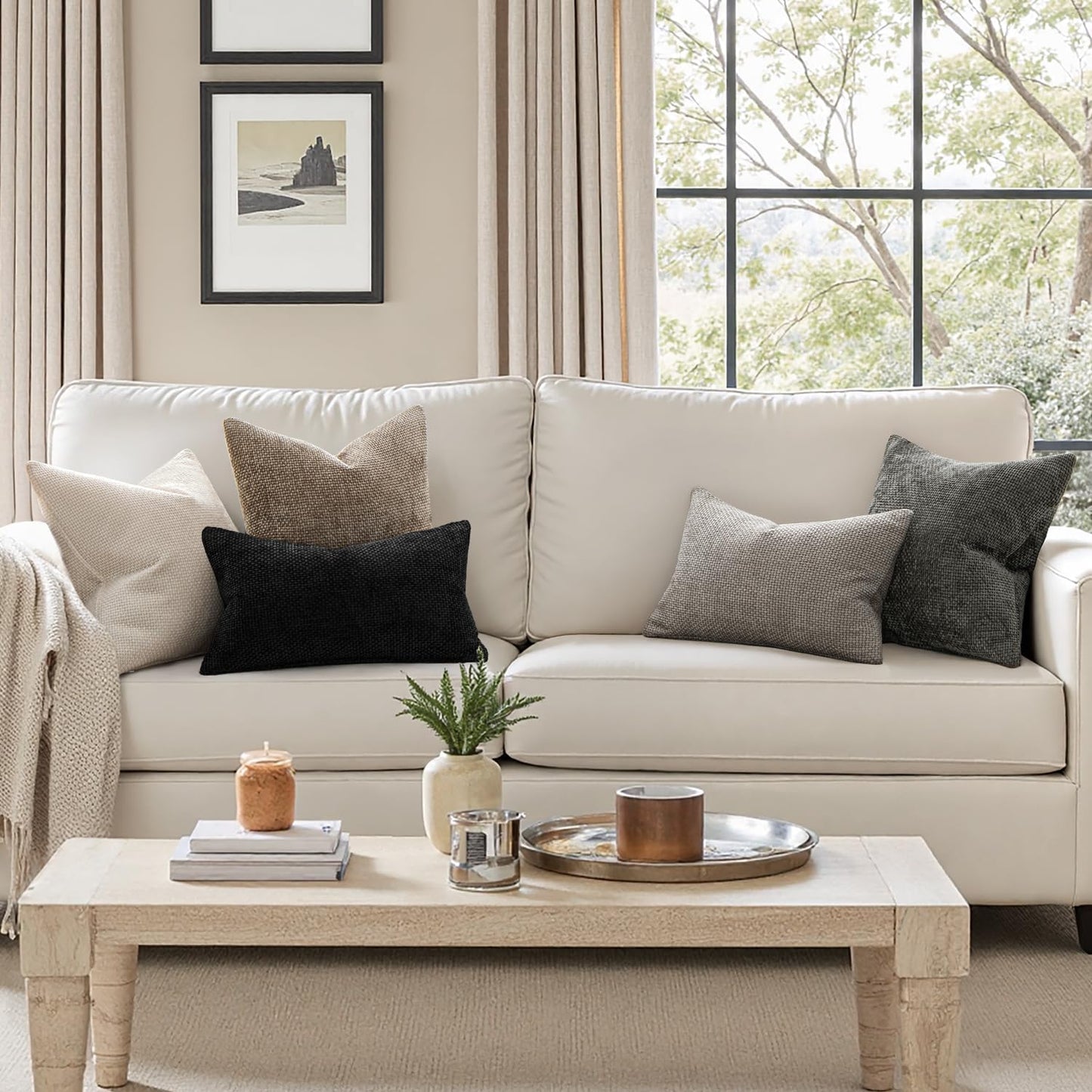 Pack of 2 Couch Throw Pillow Covers 18X18 Inch Neutral Beige Modern Boho Accent Decorative Pillow Covers Soft Chenille Farmhouse Cushion Covers for Home Decor Bed Sofa Living Room