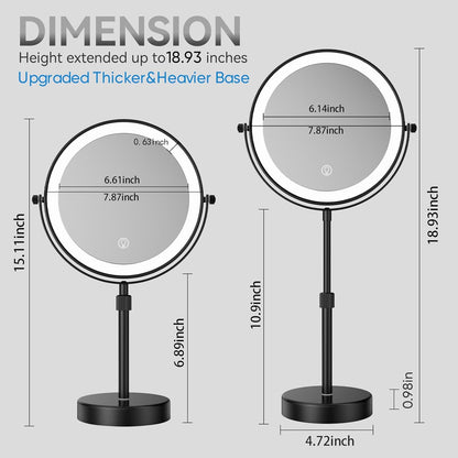 LED Lighted Makeup Mirror Tabletop, 1X/5X Magnifying Mirror with 3 Color Lights, Brightness Adjustable Height Adjustable, Black