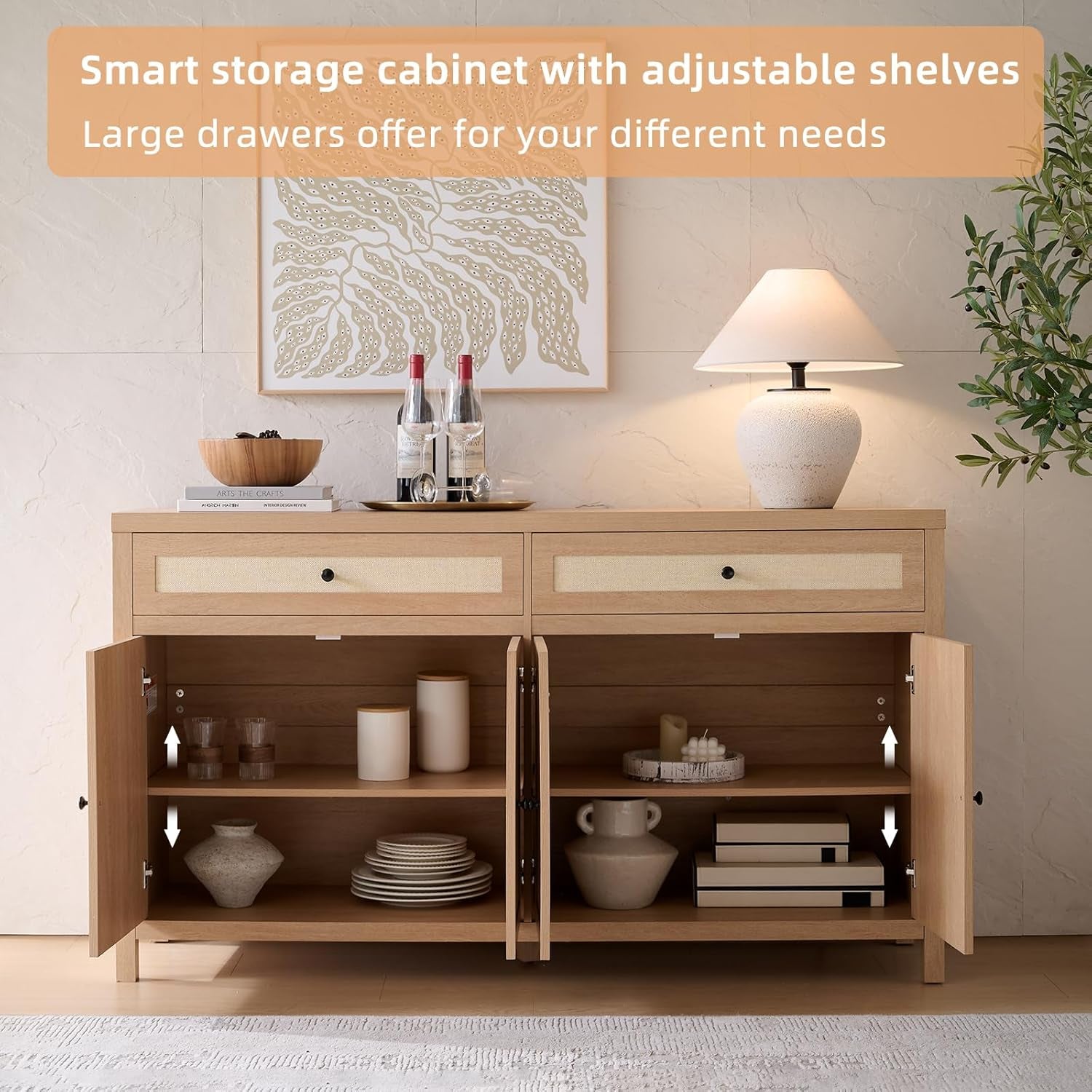 60'' Large Sideboard Buffet Cabinet with Storage, Rattan Accent Cabinet with Doors Drawers and Adjustable Shelves, Farmhouse Credenza Wood Coffee Bar Cabinets for Living Room Kitchen Entryway, Natural