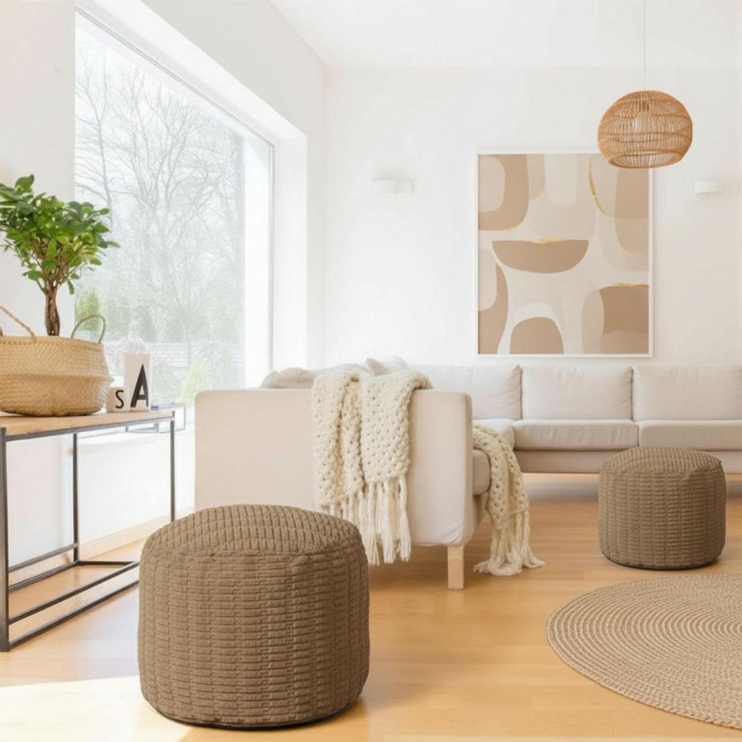 2 Pcs 20 X 15 Inch Unstuffed Ottoman Pouf Cover Corduroy Foot Rest - No Filler, Striped Foot Stool Floor Bean Bag Floor Chair Storage for Modern Farmhouse Bedroom Home Decor (Light Brown)