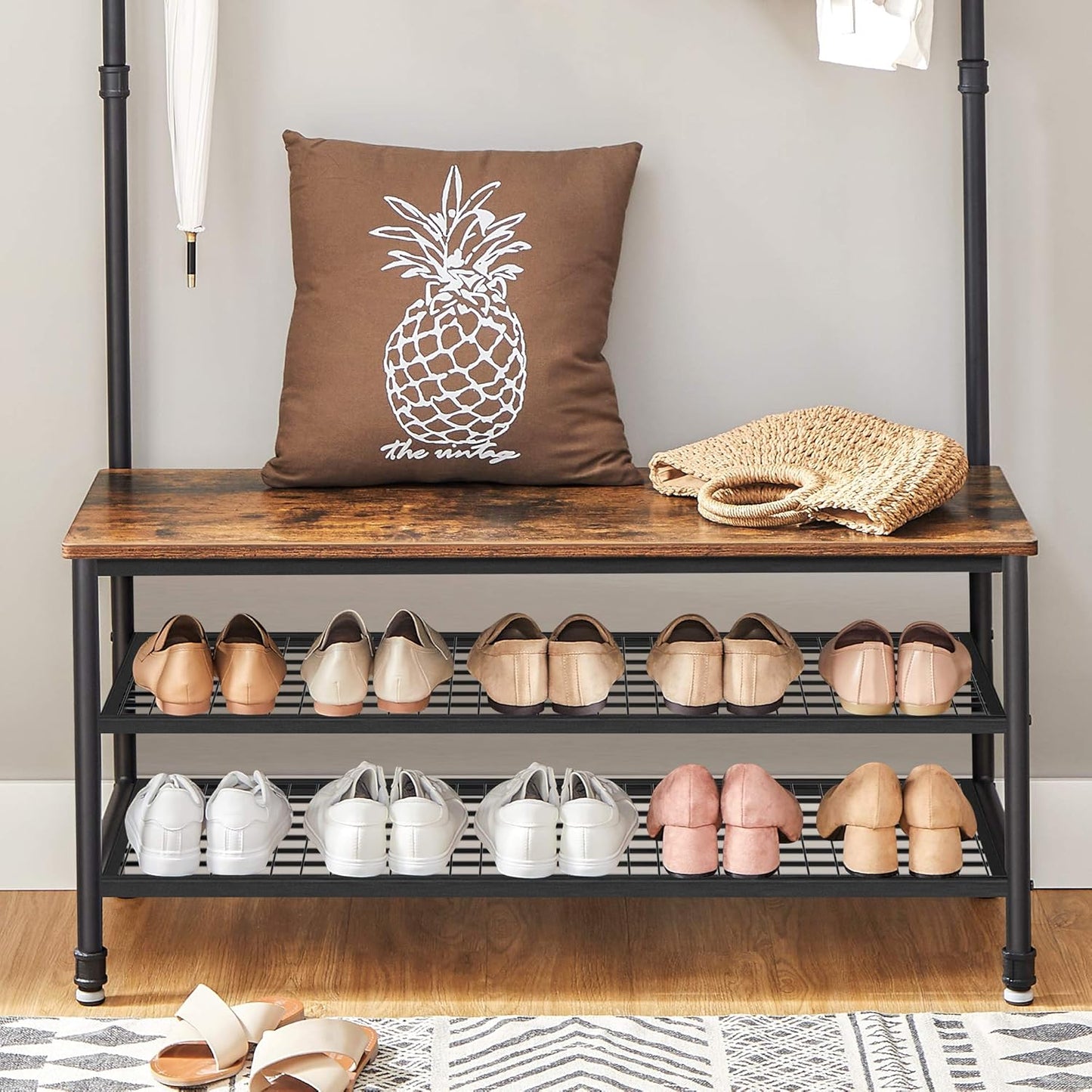 Coat Rack, Hall Tree with Shoe Storage Bench for Entryway, with 9 Hooks, a Shoe Rack, a Hanging Rod, 16.3 X 39.4 X 71.7 Inches, for Living Room, Bedroom, Oak and White UHSR047W09