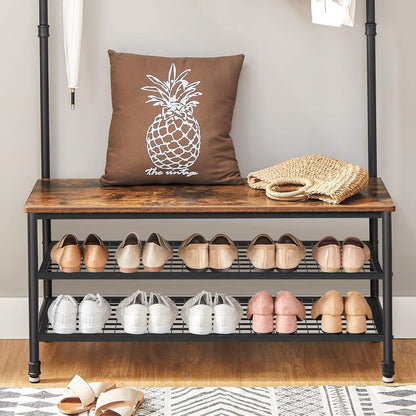 DAINTREE 3-In-1 Entryway Coat Rack and Storage Bench, Pipe Style Hall Tree with 9 Hooks, Multifunctional, Sturdy Steel Frame, Large Size, Industrial, Rustic Brown and Black UHSR47BX