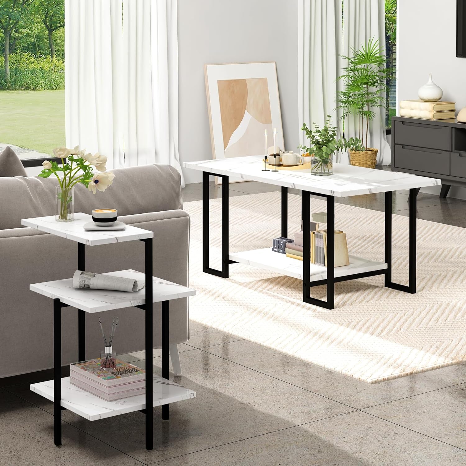 Coffee Table Set of 3 Coffee Table and End Table Sets, Modern Living Room Table Set with Metal Frame for Apartment Home Office White & Black