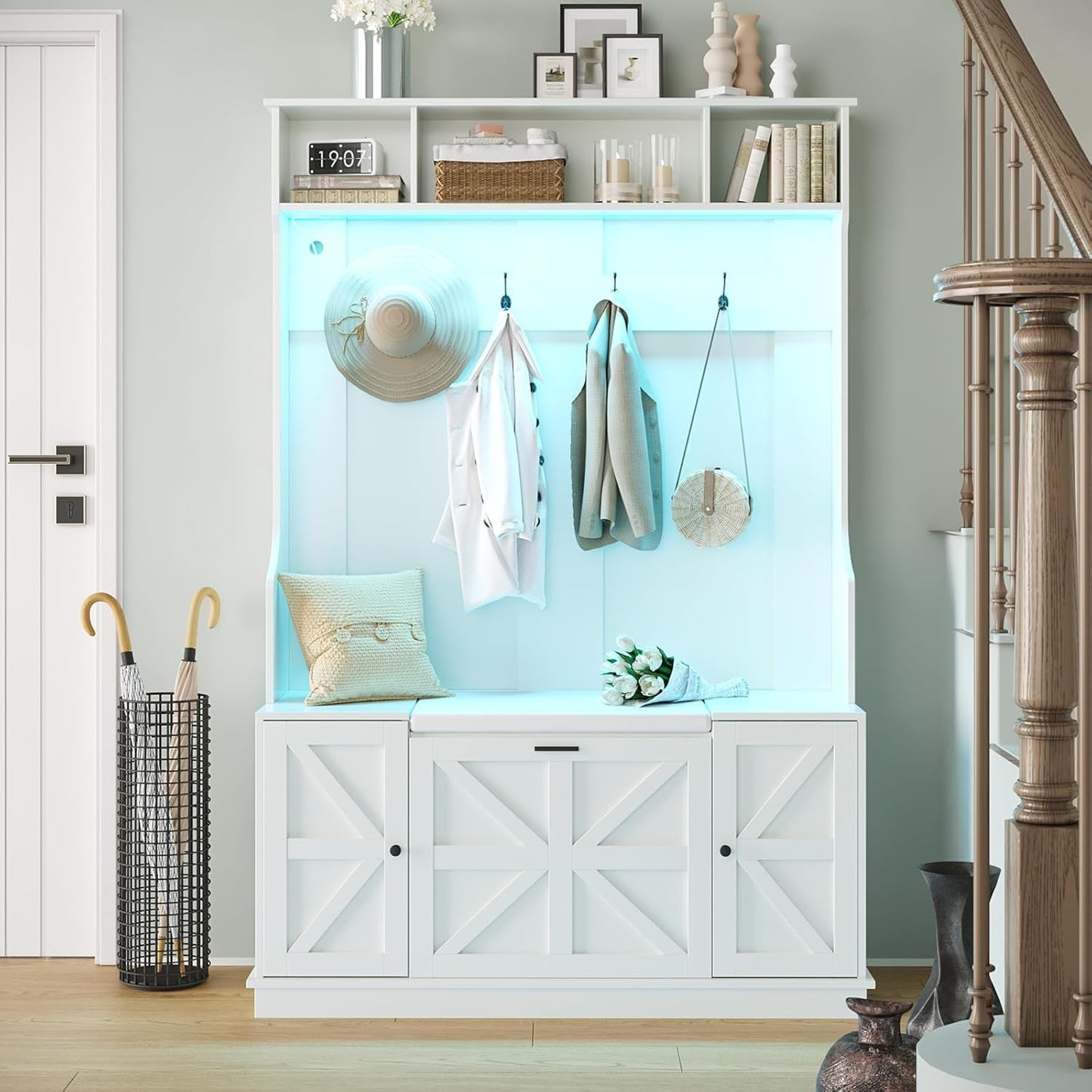 Hall Tree with Bench and Shoe Storage, Coat Rack with Shoe Bench, 6 Shoe Cubbies, 4 Coat Hooks, LED Lights, Entryway Hall Tree, Wood Coat Tree with Soft Cushion for Hallway, Mudroom