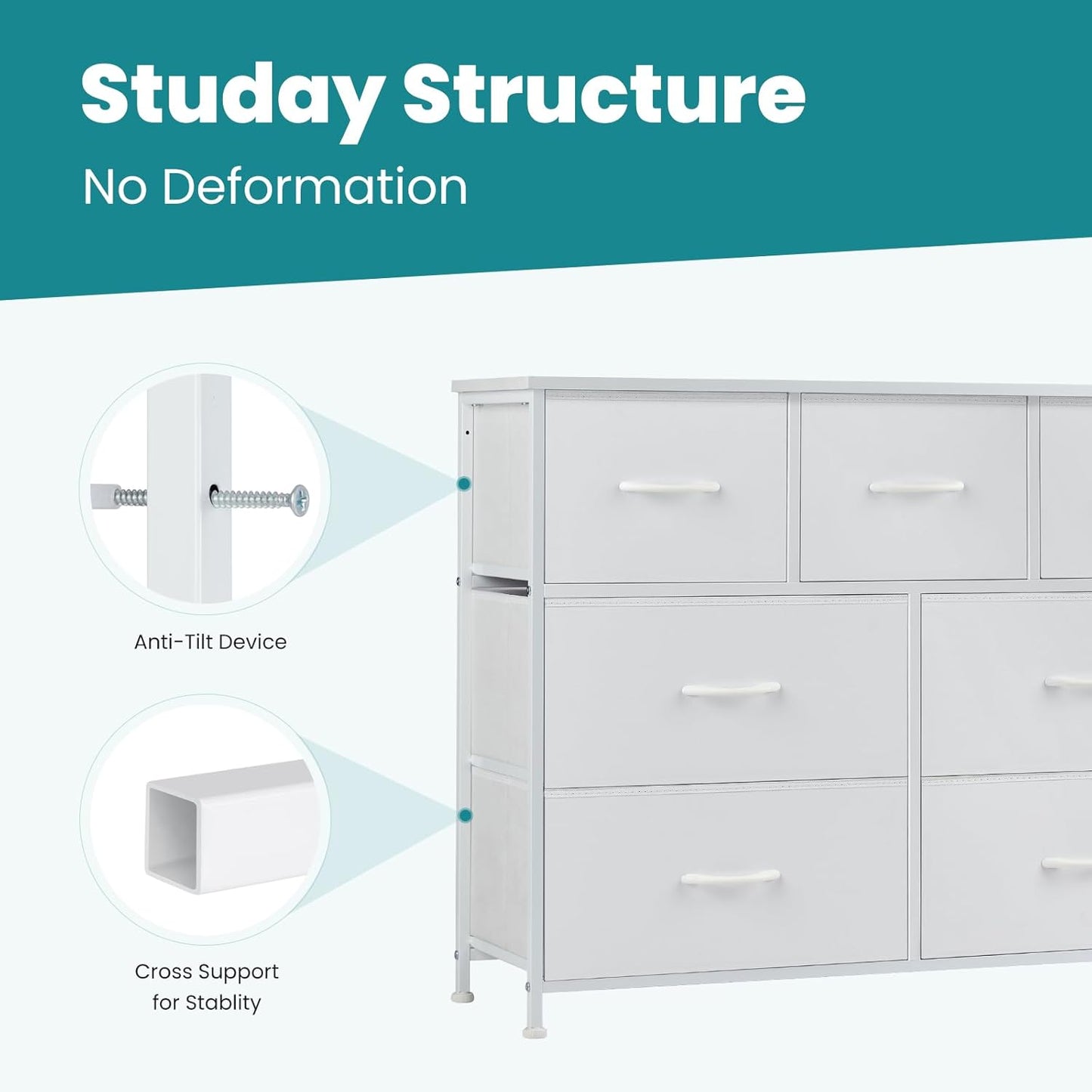 7 Drawer Dresser for Bedroom, Wide Fabric Storage Tower with Wooden Top and Metal Frame, Closet Chest Organizer Furniture, TV Stand for Living Room Hallway, White