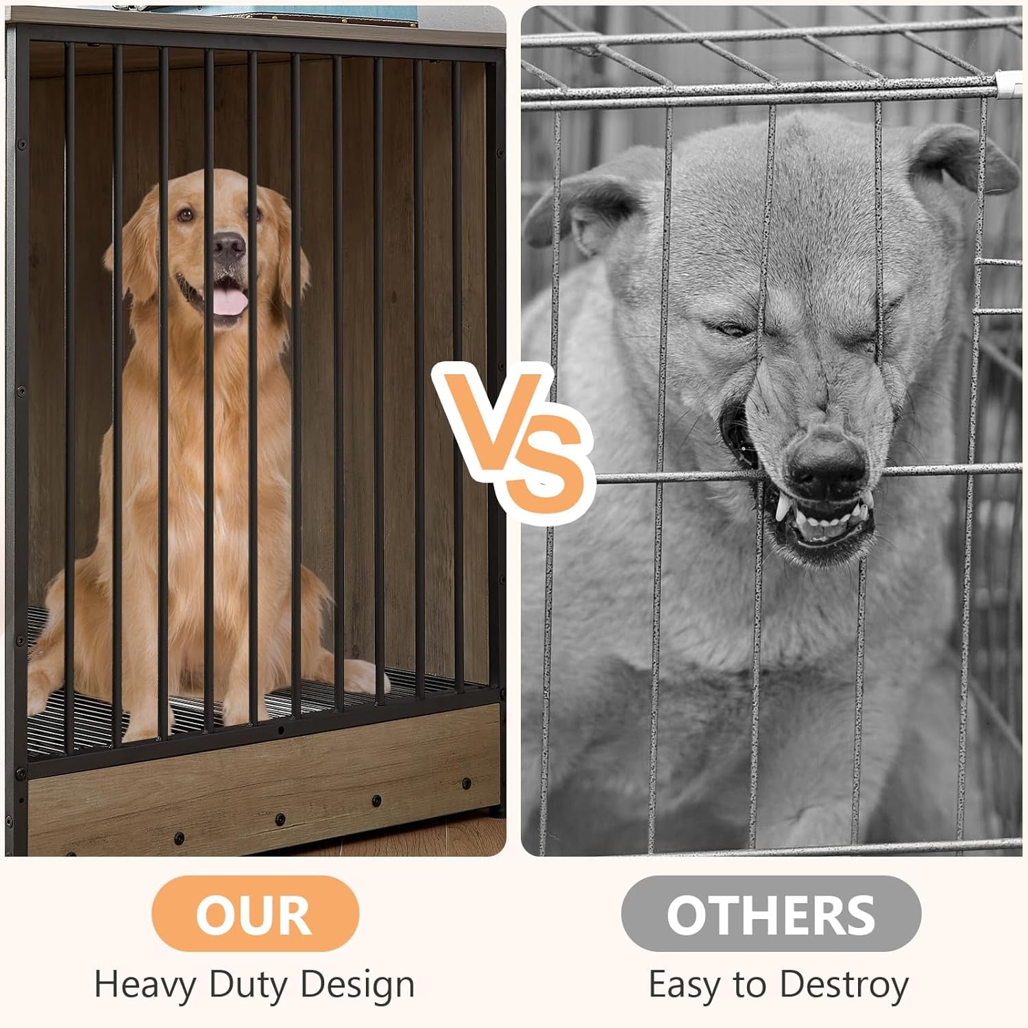 86 Inch Double Dog Crate Furniture, Dog Cage Furniture with Removable Divider & Trays, Large Wooden Dog Crates for 2 Dogs Indoor with Three Doors, Rustic Brown