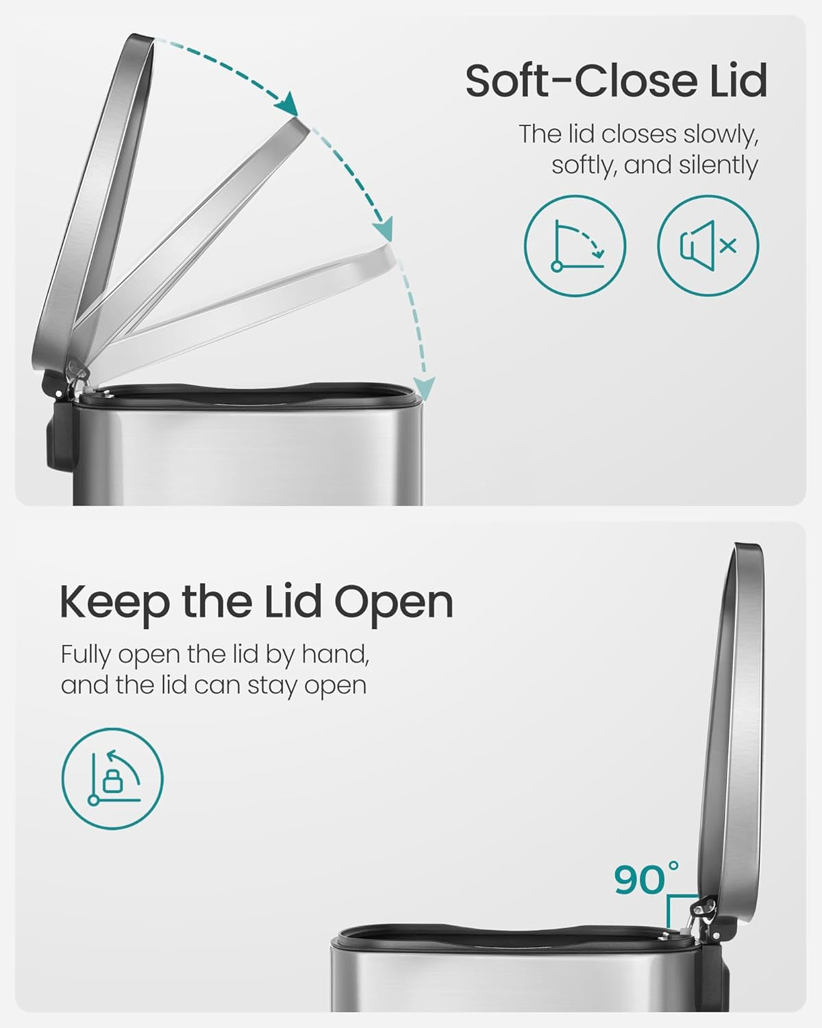 13 Gallon (50 L) Trash Can, Stainless Steel Kitchen Garbage Can, Recycling or Waste Bin, Soft Close, Step-On Pedal, Removable Inner Bucket, Silver ULTB050E01