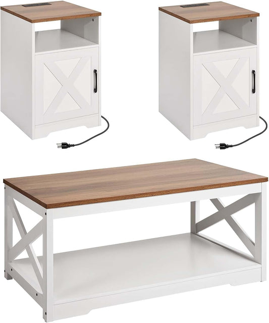 3 Pieces Farmhouse Coffee Table Sets, 40 Inch Industrial Coffee Table with 2 End Tables, Easy Assembly Coffee and Side Tables Sets with Charging Station, for Office, Living Room & Apartment