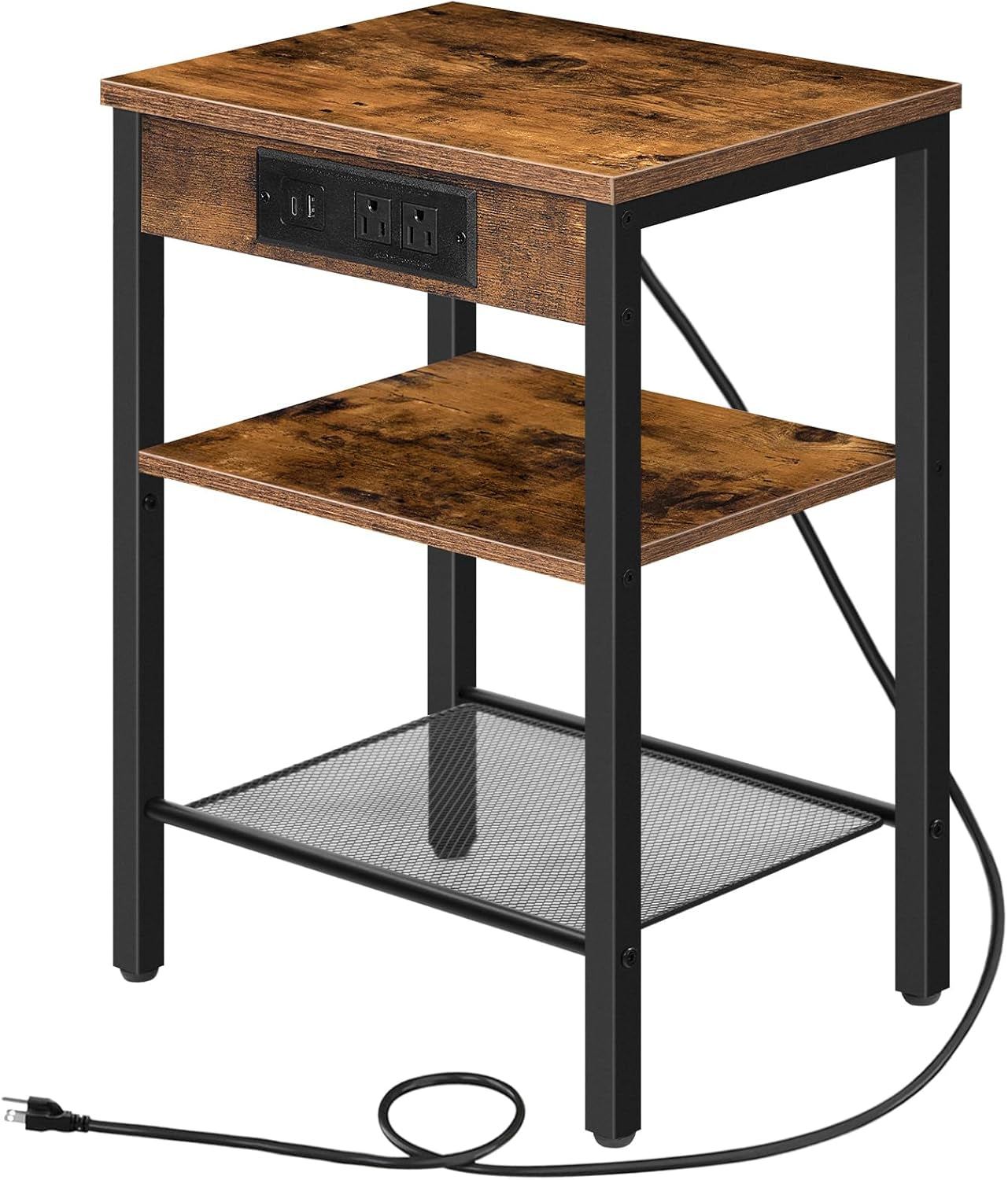 Side Table with Charging Station and USB Port, Small End Table for Small Space, 3-Tier Nightstand with Adjustable Shelf, for Living Room, Bedroom and Balcony, Rustic Brown BF112BZ01