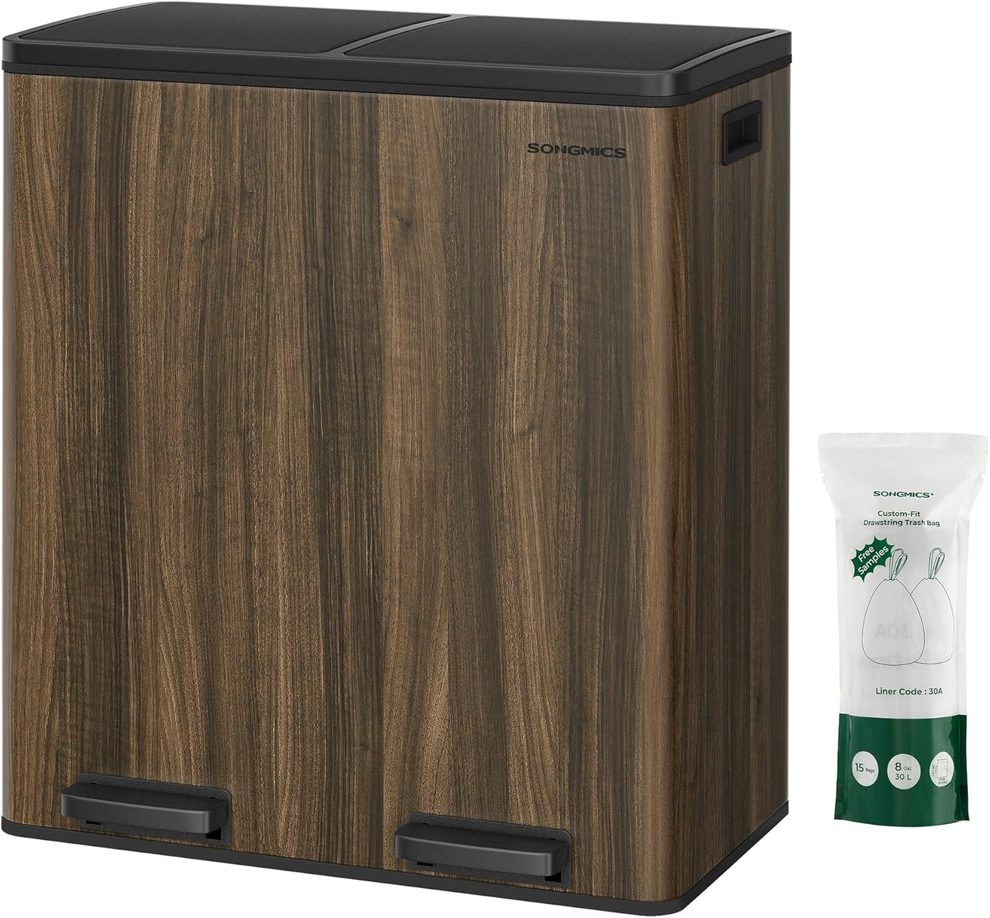 Trash Can, 2 X 8 Gallon (2 X 30 L) Garbage Can for Kitchen, with 15 Trash Bags, 2 Compartments, Plastic Inner Buckets and Hinged Lids, Airtight, Silver and Black ULTB60NL