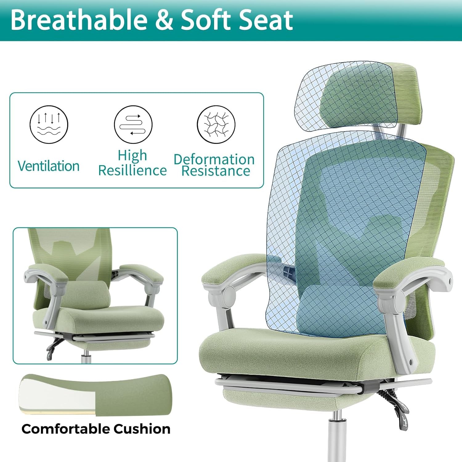 Office Desk Chair with Footrest Ergonomic Gaming Chair for Adults Computer Mesh, Lumbar Support,Swivel Reclining with Headrest, Comfy Armrest for Home, Office, Work, Study, Light Green