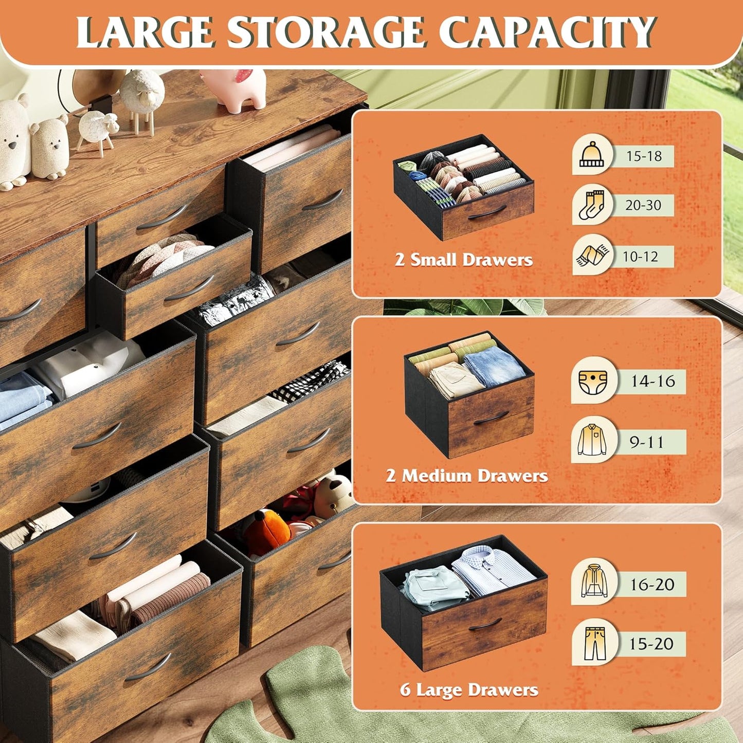 Fabric Dresser for Bedroom with 10 Drawers, Chest of Drawers with Side Pockets and Hooks, Sturdy Metal Frame, Drawers Organizer Unit for Living Room, Hallway, Rustic Brown Wood Grain Print