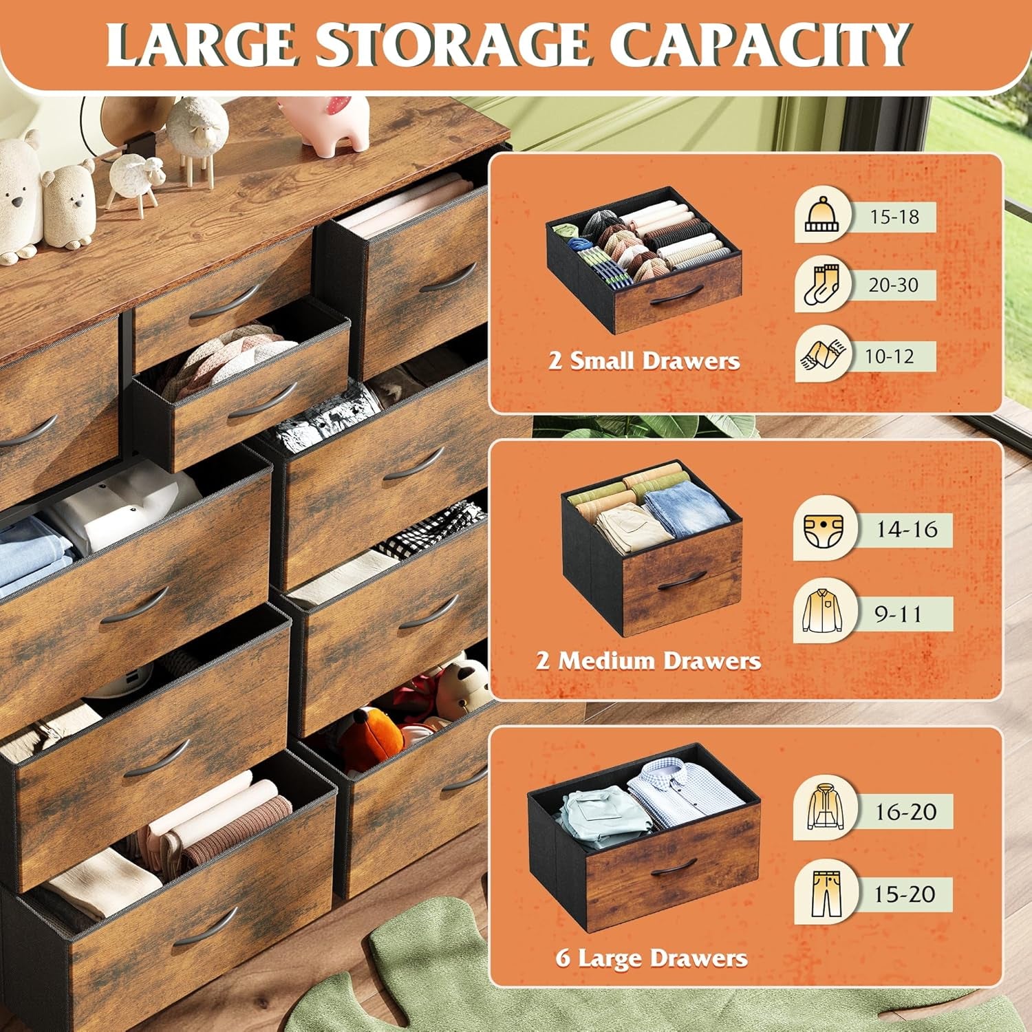 Fabric Dresser for Bedroom with 10 Drawers, Chest of Drawers with Side Pockets and Hooks, Sturdy Metal Frame, Drawers Organizer Unit for Living Room, Hallway, Rustic Brown Wood Grain Print