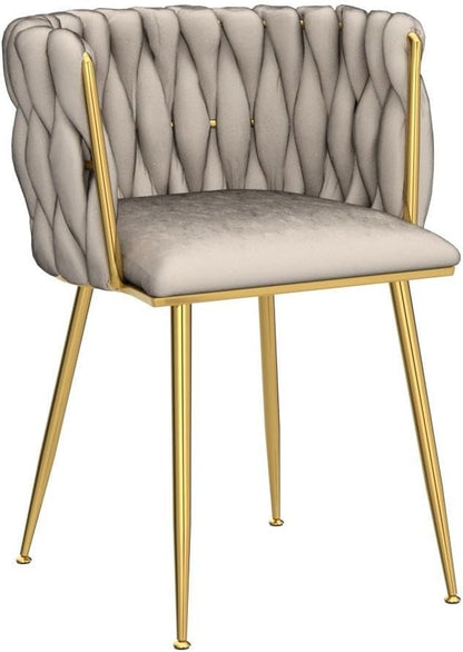 Modern Velvet Dining Chairs Hand Weaving Accent Chairs Living Room Chairs Upholstered Side Chair with Golden Metal Legs for Dining Room Kitchen Vanity Living Room (Ivory)