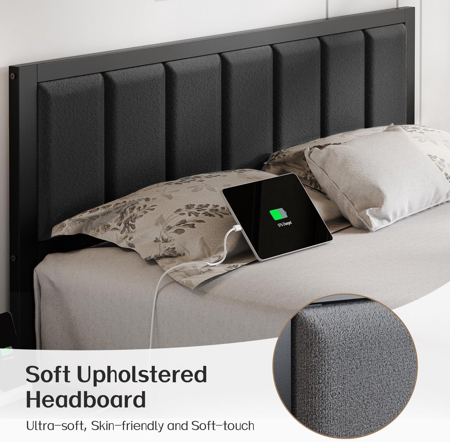 Full Bed Frame with Headboard Metal Platform Bed Full Size with USB Charging Station and LED Lights, No Box Spring Needed