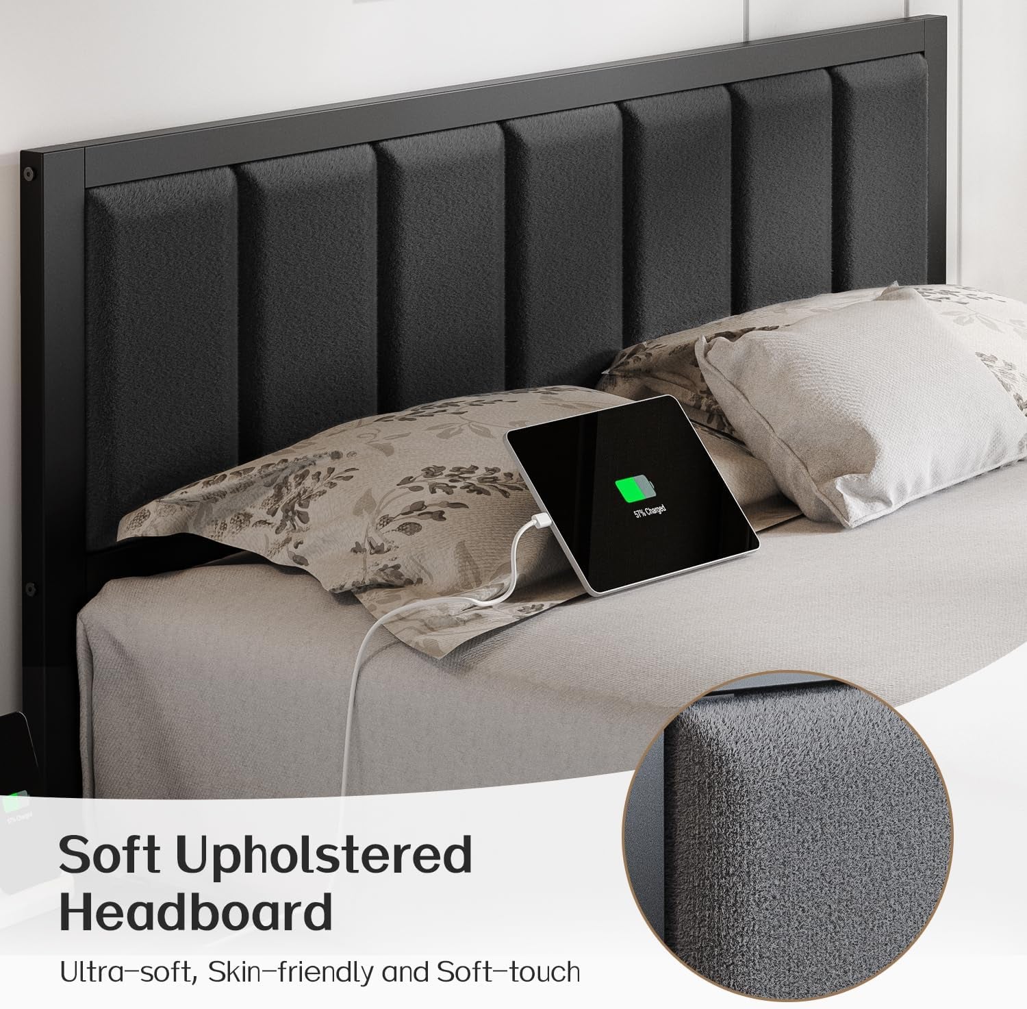 Full Bed Frame with Headboard Metal Platform Bed Full Size with USB Charging Station and LED Lights, No Box Spring Needed