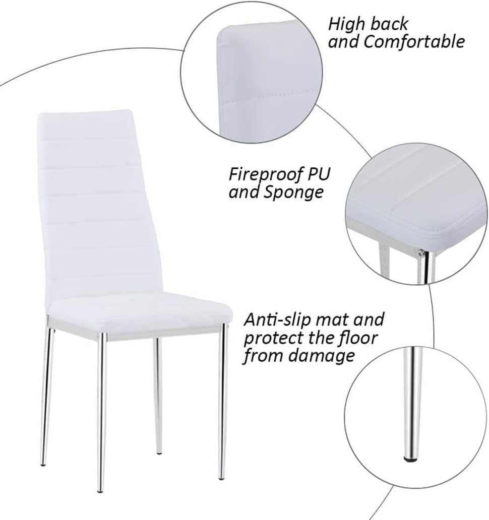 5 Piece Dining Table Table Set, Tempered Glass Dining Table Set for 4 Kitchen Table Set with 4 Upholstered Chairs for Kitchen Dining Room (Sliver Table with White Chair)