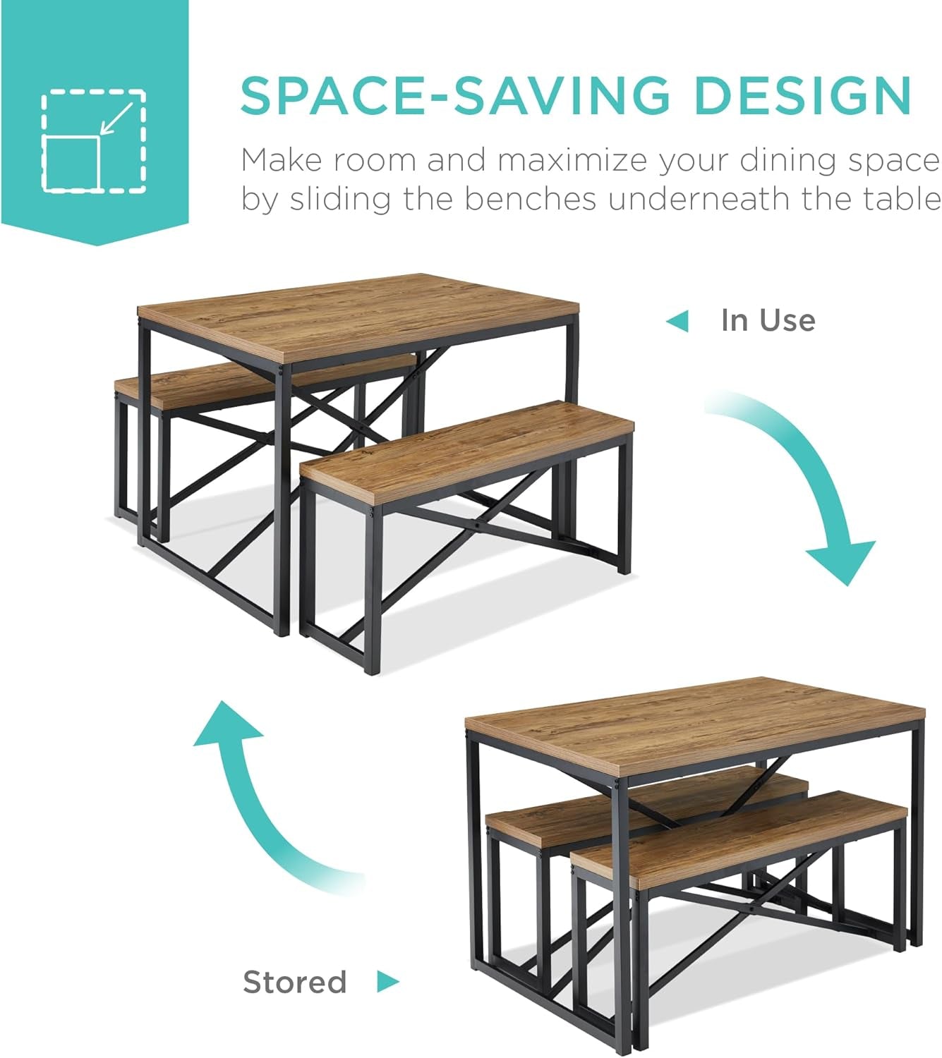 45.5In 3-Piece Bench Style Dining Furniture Set, 4-Person Space-Saving Dinette for Kitchen, Dining Room W/ 2 Benches, Table - Light Brown/Black