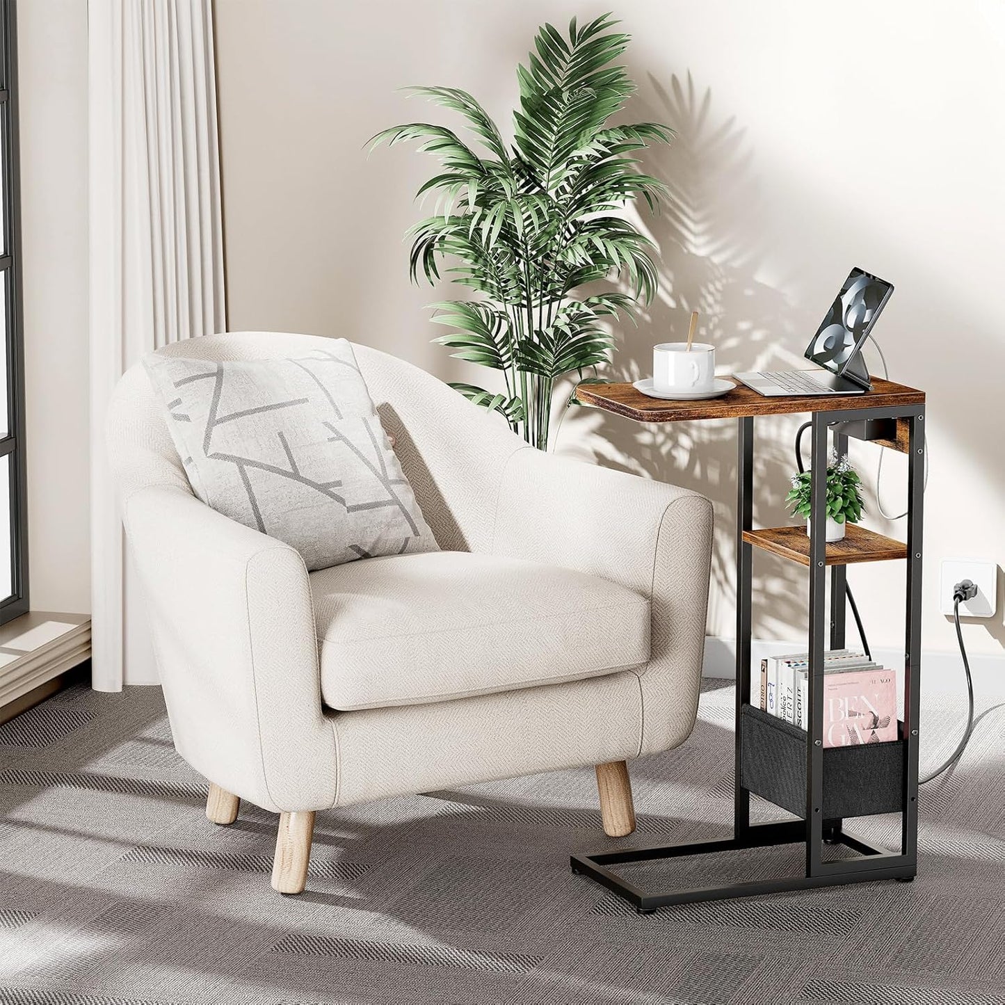 C Shaped End Table with Charging Station, Small Side Table for Couch Recliner, Slide under Sofa Desk Snack Tables with Storage Bag & AC / USB Outlet, Small Spaces Drink Tables for Living Room, Bedroom