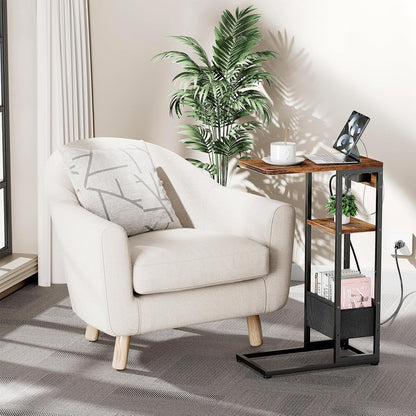 C Shaped End Table with Charging Station, Small Side Table for Couch Recliner, Slide under Sofa Desk Snack Tables with Storage Bag & AC / USB Outlet, Small Spaces Drink Tables for Living Room, Bedroom