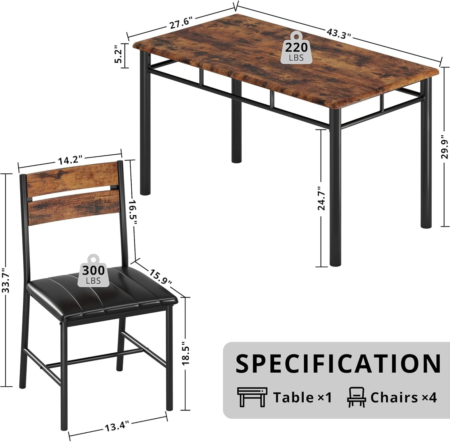 Dining Table Set for 4, Wood Kitchen Table with Upholstered Chairs for Kitchen Room and Small Spaces, Rustic Brown