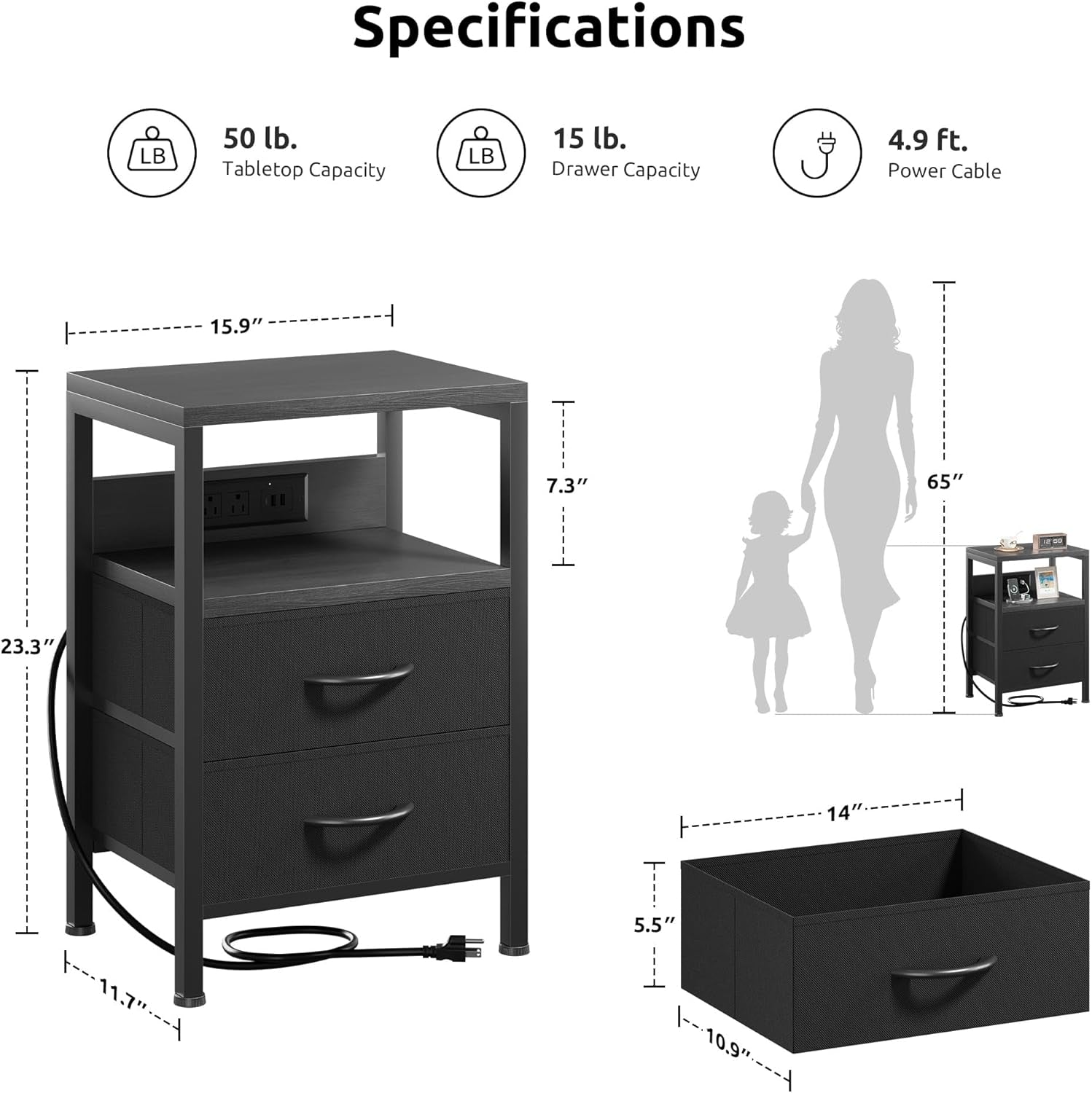 Nightstand Bedside Charging Table Bedroom - Night Stand with Charger Station, Modern Nightstand with Open Shelf & 2 Fabric Drawers, Bed Side Table with USB-C USB Ports & AC Outlets for Dorm, Black