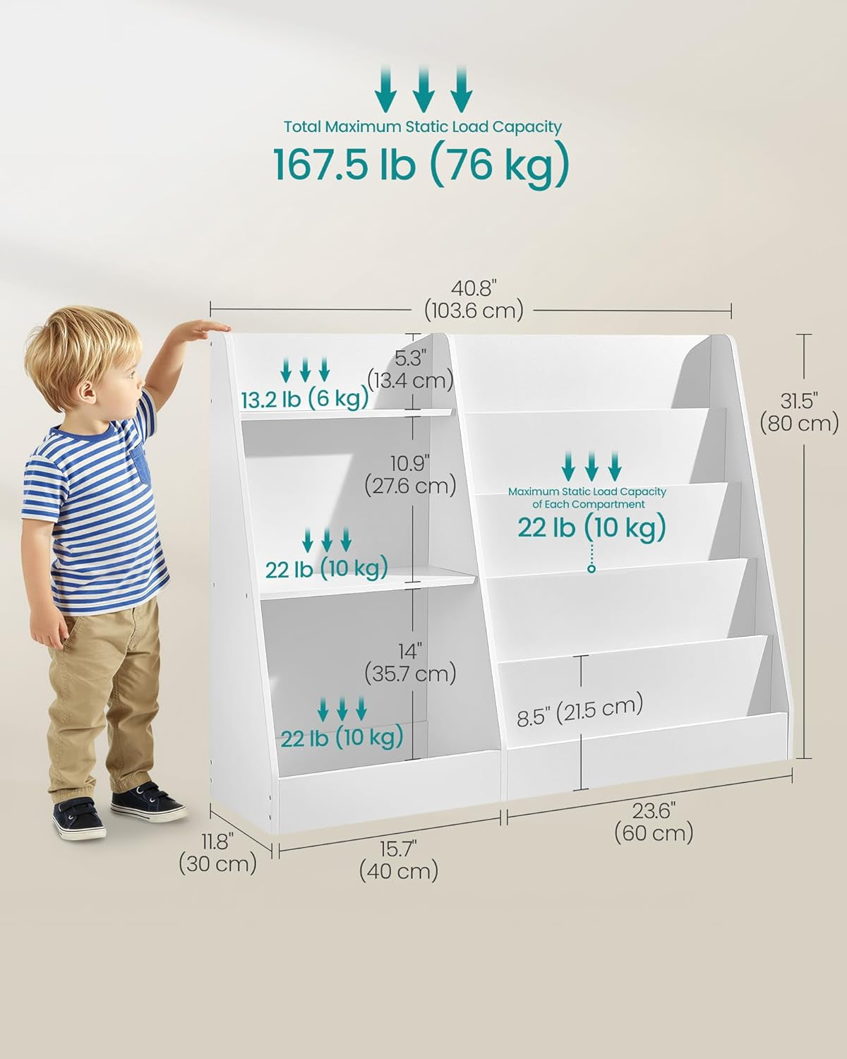 Book and Toy Storage Organizer, 5-Tier Montessori Kids Bookshelf and Toy Storage Shelf, for Children'S Room, Reading Nook, 11.8 X 40.8 X 31.5 Inches, Cloud White UGKR077WZ01