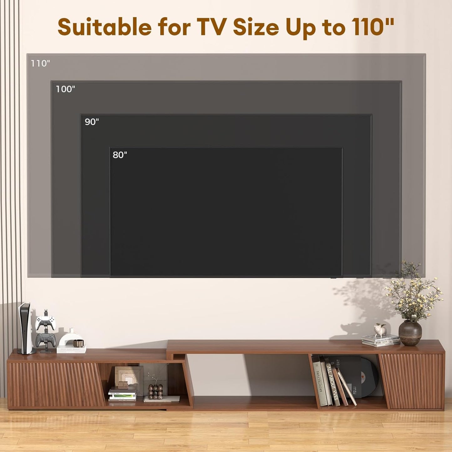 Extendable TV Stand with Sliding Doors Minimalist Rectangle, Wood Entertainment Center Walnut TV Console Table up to 110" W/Shelves Cabinet for Living Room, Bedroom (70.9”W-109”W)