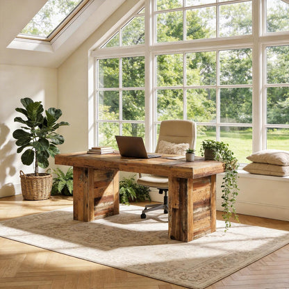 63" Large Executive Desk, Farmhouse Computer Office Desk Wooden Writing Table Rustic Rectangle Business Workspace Table for Home Office, Distressd Brown