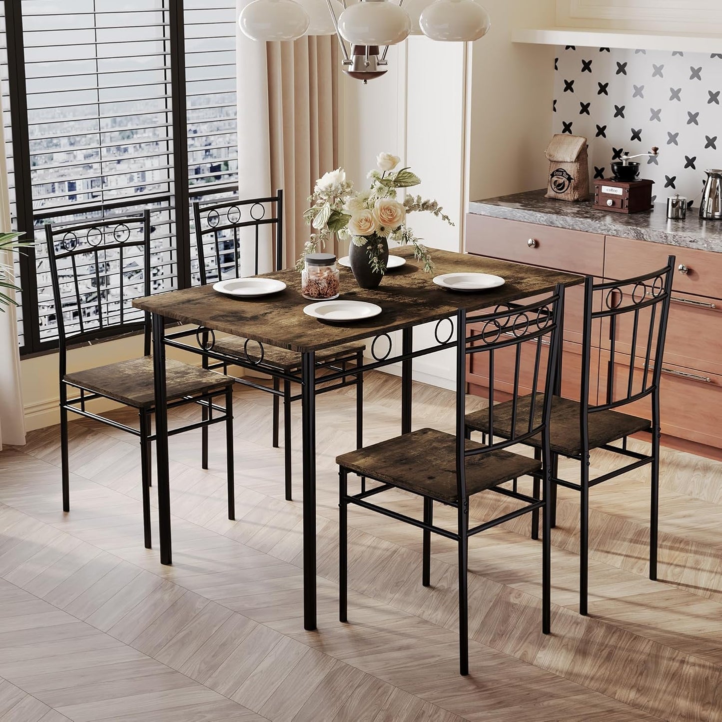 5 Piece Dining Table Set, Modern Metal&Wood Kitchen Dinner Table with 4 Chairs, Dining Room Table Sets for Small Spaces, Brown