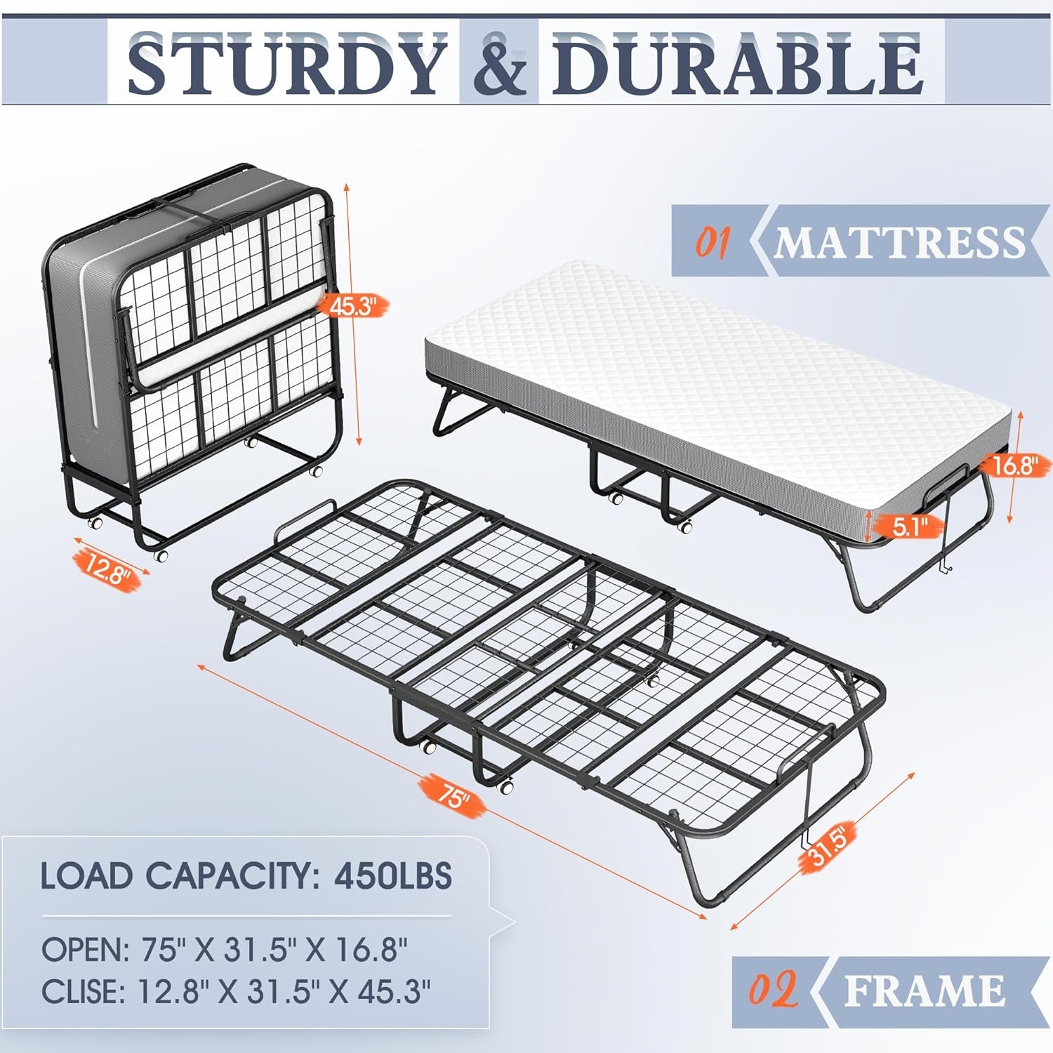 Folding Bed with Mattress, 75" X 31" - 5" Thick Memory Foam Mattress, Cot Size Portable Beds for Adults, Metal Bed Frame on Wheels for Guest, Space Saving Roll Away Beds for Easy Storage