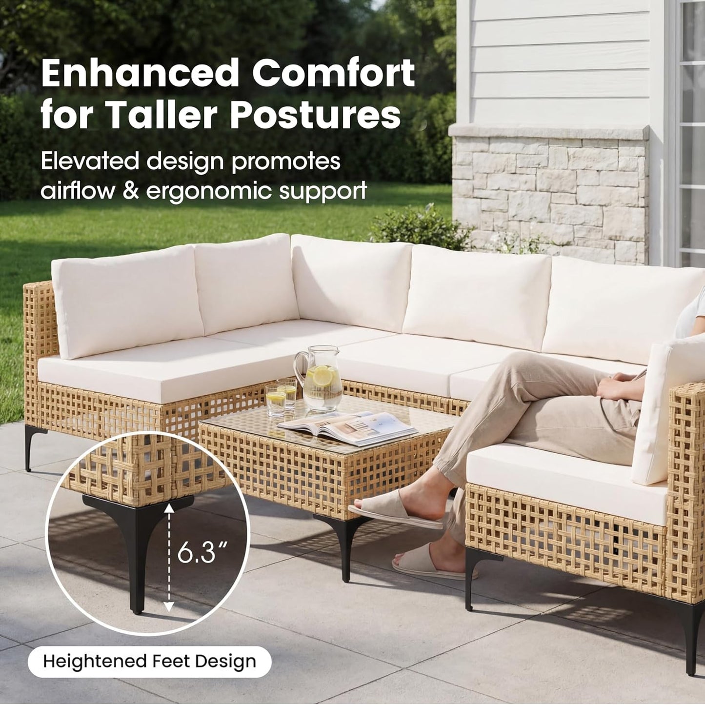 Patio Furniture Set,7 Pieces Outdoor Wicker Sectional Couch with Thick Cushions &Glass Tabletop, PE Rattan Backyard Conversation Sofa with Coffee Table for Deck, Porch