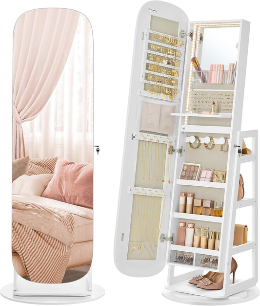 LED Jewelry Cabinet, 360° Swivel Jewelry Organizer, Lockable Mirror Jewelry Cabinet Standing, Rounded Wide Full-Length Mirror with Storage Shelves, Interior Mirror, Cloud White UJJC036W01