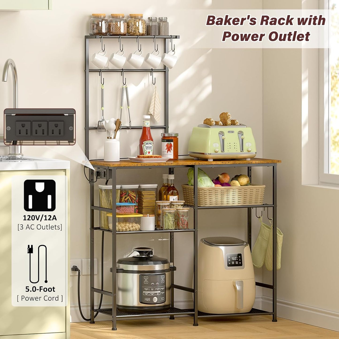 Bakers Rack with Power Outlet, Kitchen Microwave Stand with 10 S-Shaped Hooks, 6-Tier Coffee Bar Station, Kitchen Storage Shelf Rack for Spices, Pots, Rustic Brown
