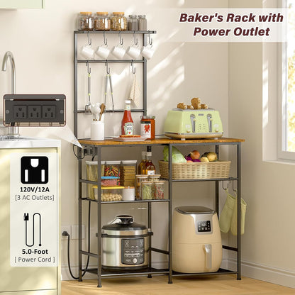 Bakers Rack with Power Outlet, Kitchen Microwave Stand with 10 S-Shaped Hooks, 6-Tier Coffee Bar Station, Kitchen Storage Shelf Rack for Spices, Pots, Rustic Brown