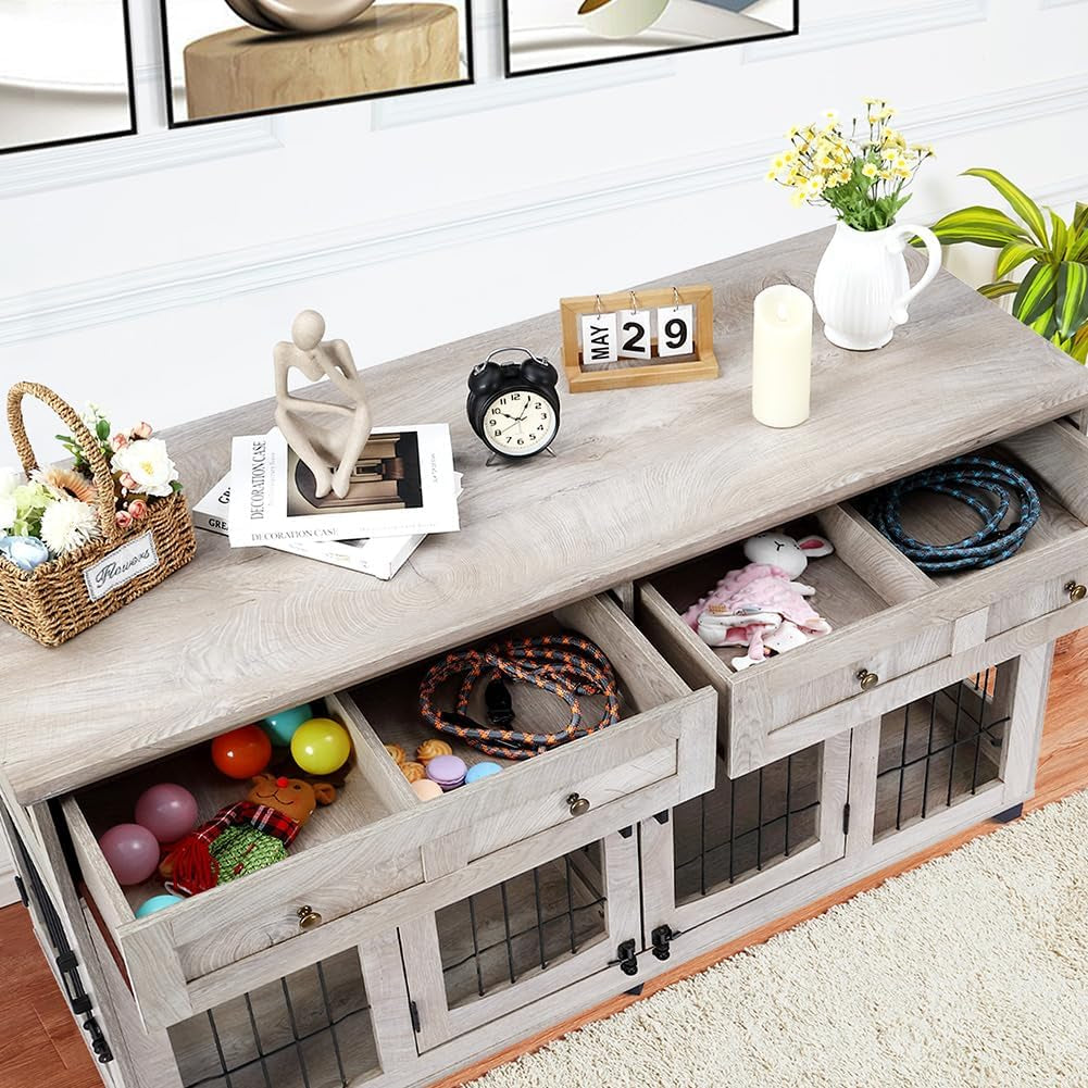 58" Dog Crate Furniture with 5 Doors & 2 Drawers, Wooden Indoor Pet House Kennel for 2 Dogs (Large/Medium Breeds), Openable Divider, Heavy Duty Double Dog Cage, TV Stand End Table,Grey